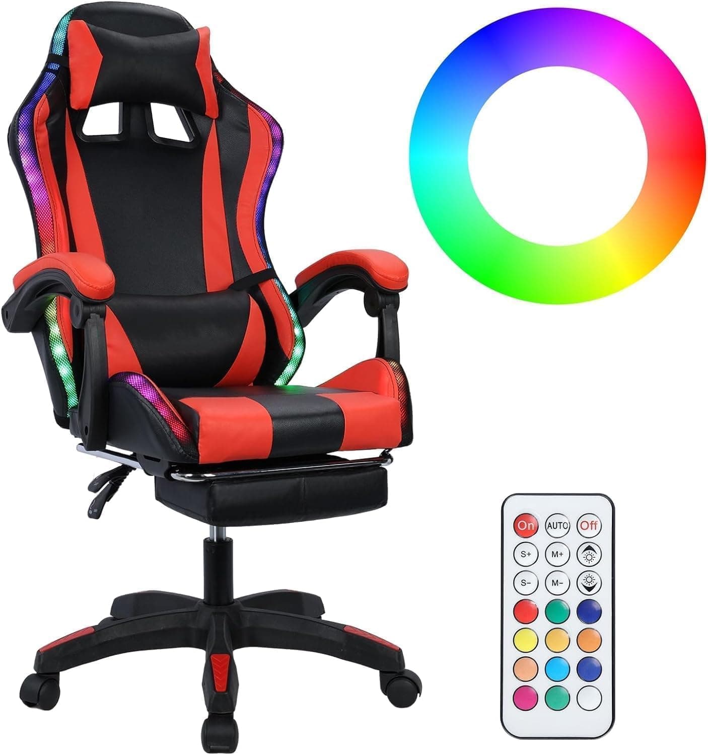 tekrabea Ergonomic Gaming Chair with Speakers, 360 Degree Swivel Height Adjustment Gamer Chair, Gaming Chairs with LED RGB Lights Massage Lumbar Support, Red