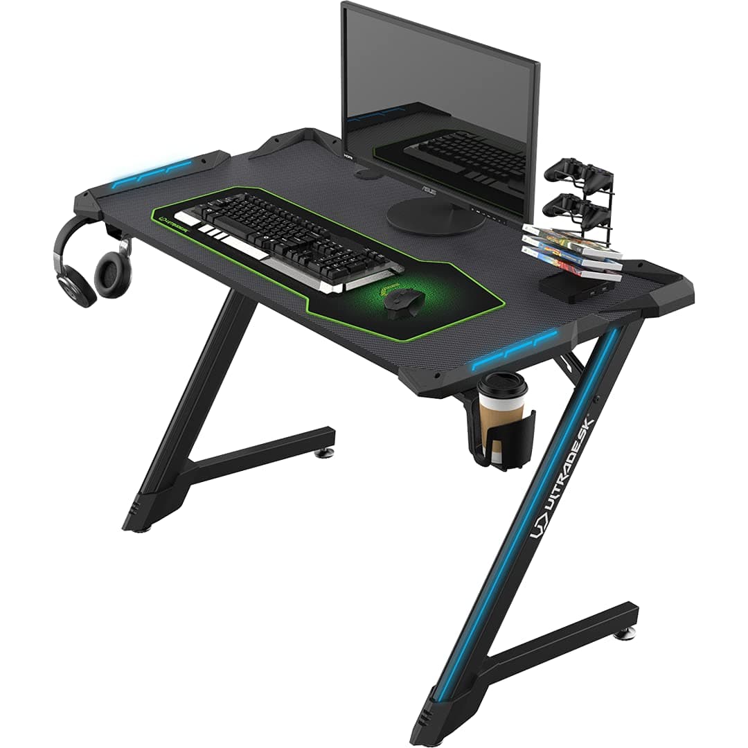 ULTRADESK Space V2 Ergonomic Gaming Desk with XL Mouse Pad, LED RGB Lighting, Powerstrip Shelf, Cup Holder, Gaming Rack, Sturdy Aluminium Frame, Black, Z-Shaped Legs, 113 x 61 cm