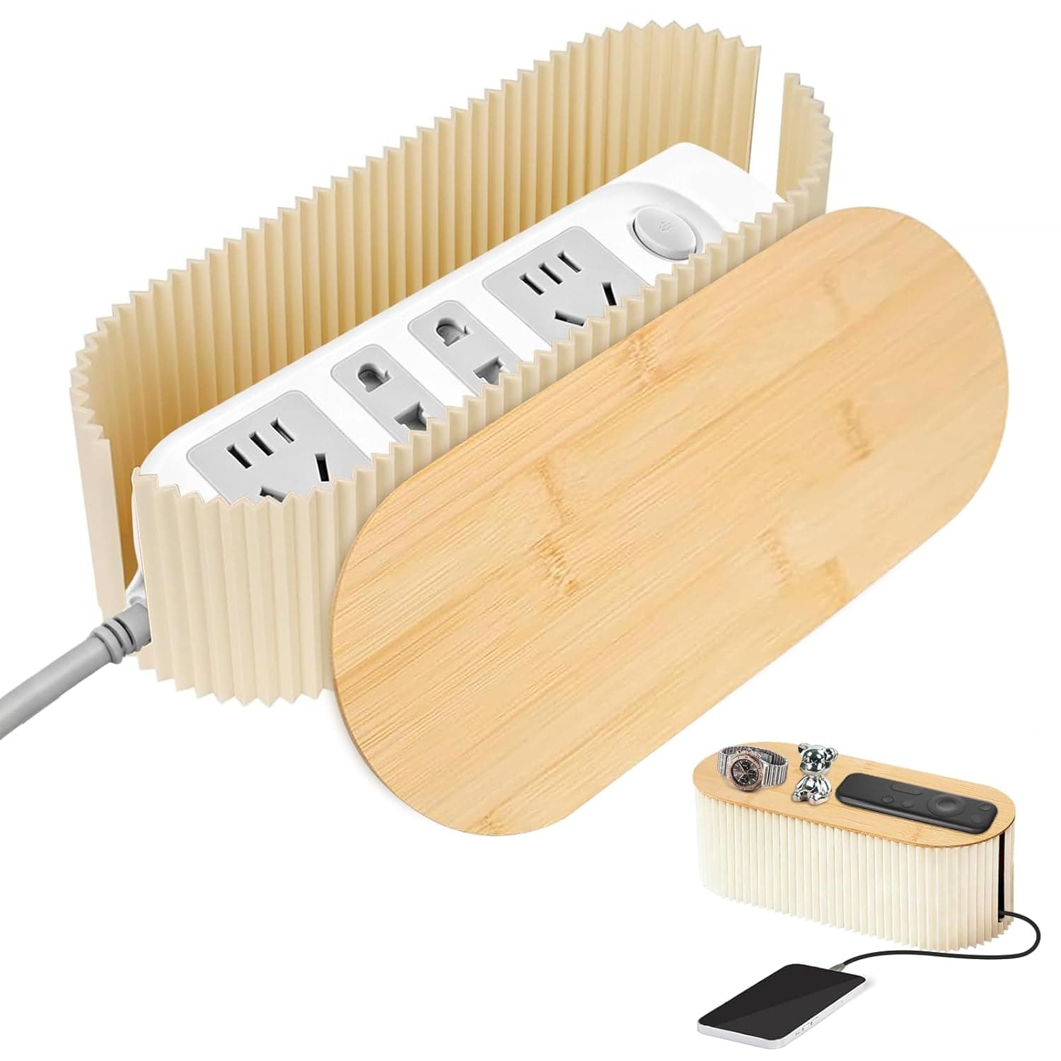 Cable Tidy Box with Bamboo Lid, Cables Management Box | Portable Cable Box Under Desk Cable Organiser for TV Wire, Power Strip, Tangle Hide Desk for Office, Home (34.5×14.5×12.5cm)