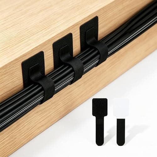 50 Pack Black Hook and Loop Cable Ties, Desk Accessories, Self-Adhesive Reusable Cable Management Clips, Adjustable Desk Cable Tidy Organizer for Home Office, TV, PC, No-Drill Wire Management, 30x90mm