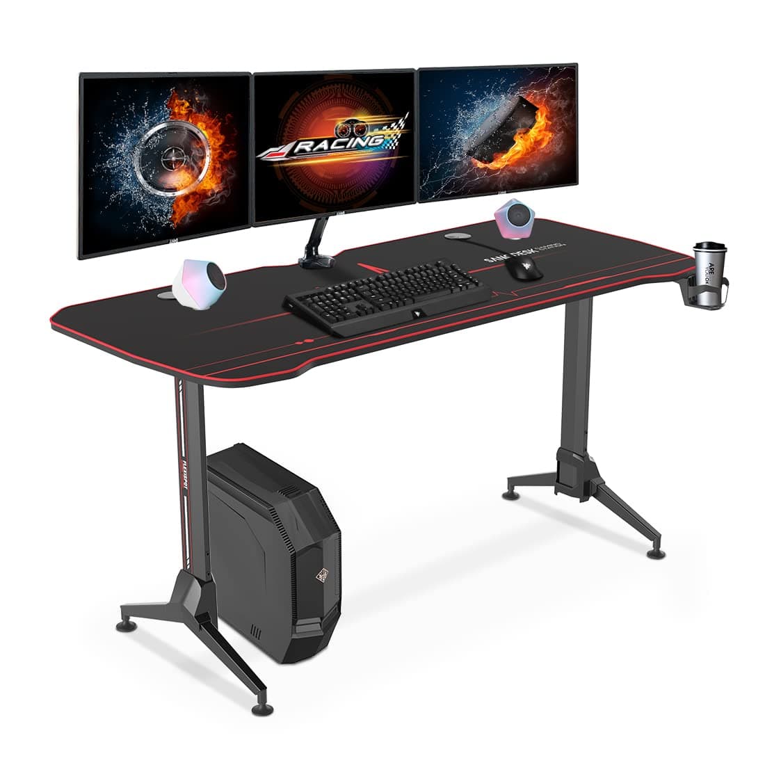 SANODESK GD01 Gaming Desk 160 x 73 cm Gaming Computer Desk with Full Mouse Pad, Cup Holder, Headset Hook and Cord Management