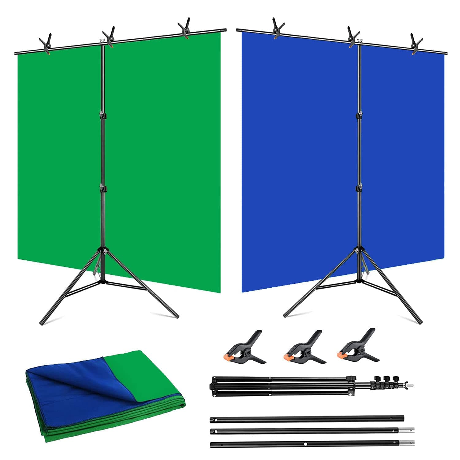 YISITONG Green Screen Backdrop with Stand - Adjustable T-Shape Stand Kit with 6x9ft/1.8x2.8m 2-in-1 Chromakey Muslin Blue & Greenscreen Background Photo Photography Backdrop Kit