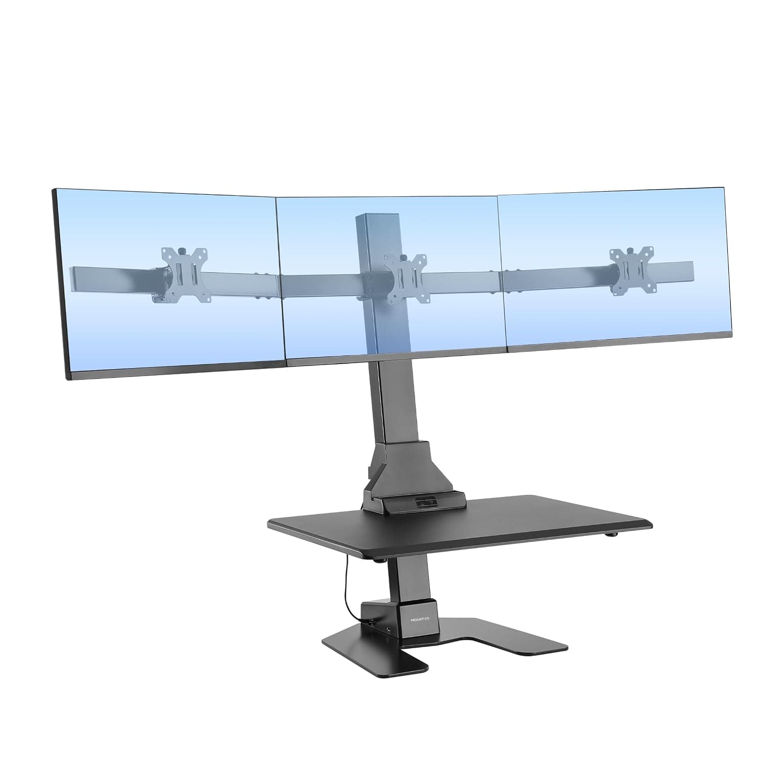 Triple Monitor Electric Standing Desk Converter, Motorized Tabletop Sit Stand Desk with Three Monitor Mount, Freestanding 28" Wide Platform