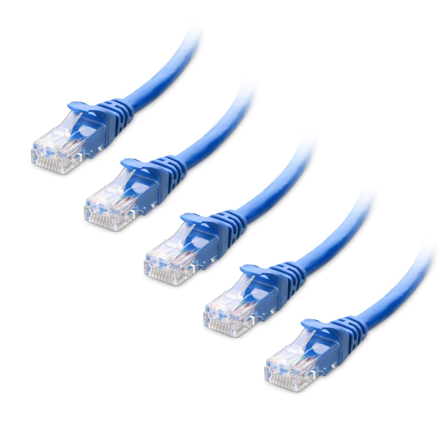 Cable Matters 5-Pack 10Gbps Snagless Cat 6 Ethernet Cable, 0.3m, Blue | 24 AWG Bare Copper, Gold-Plated RJ45 Contacts, 550MHz, PoE++, Cat6 LAN Cable for Routers, Switches and PCs