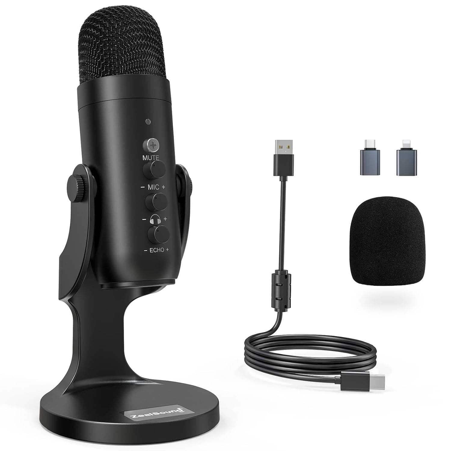 zealsound USB Microphone, Podcast Mic for PC, iPhone & Phones, k66 Black | Cardioid Condenser Mic, Noise Reduction, Mute, Gain, Echo & Monitor, Plug & Play, Studio Recording, Gaming, Streaming, ASMR
