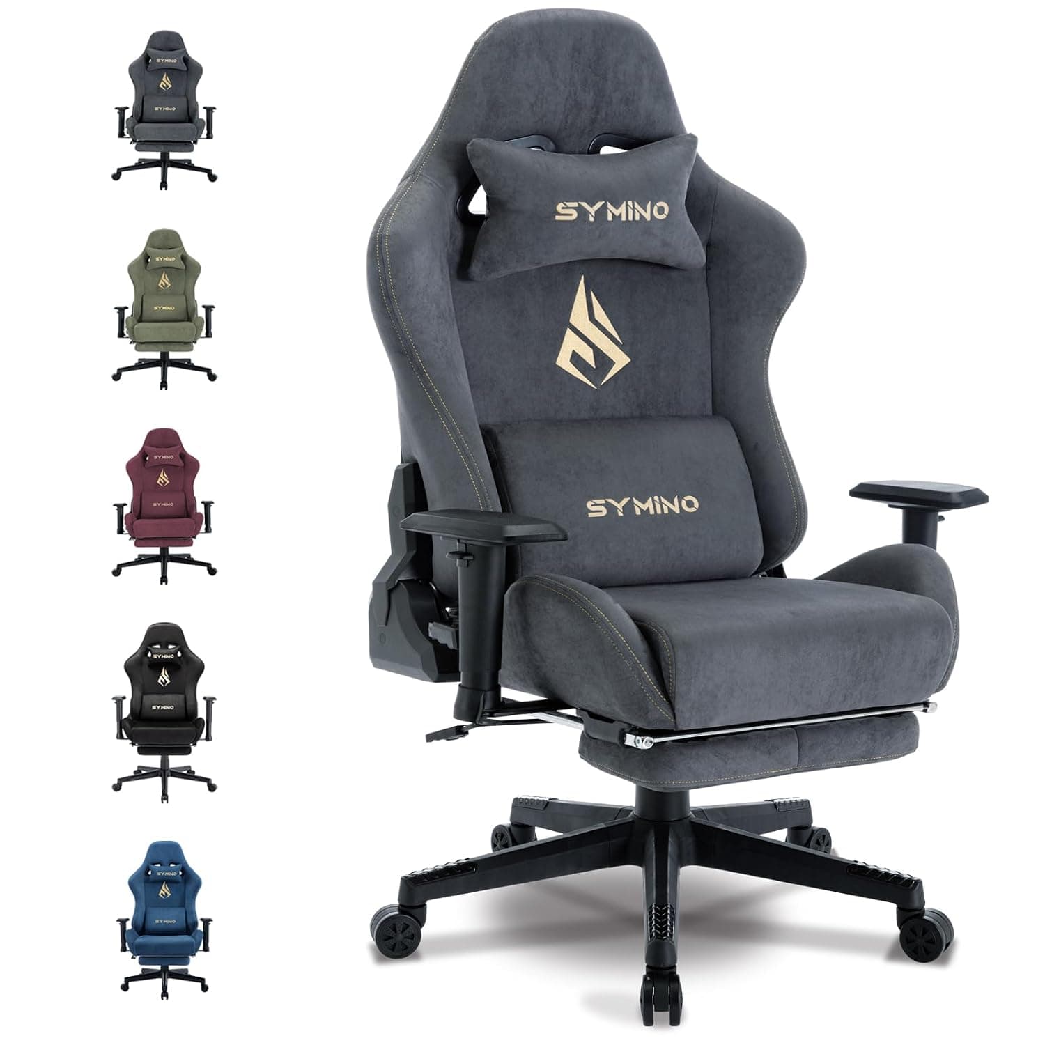 Symino Gaming Chair, Computer Chair with Footrest, Headrest and Lumbar Support, Ergonomic PC Chair, Height Adjustable Rotating Task Chairs, Gray | As soft as fur, ergonomic PC chair, adjustable and rotating desk chair with footrest, light grey