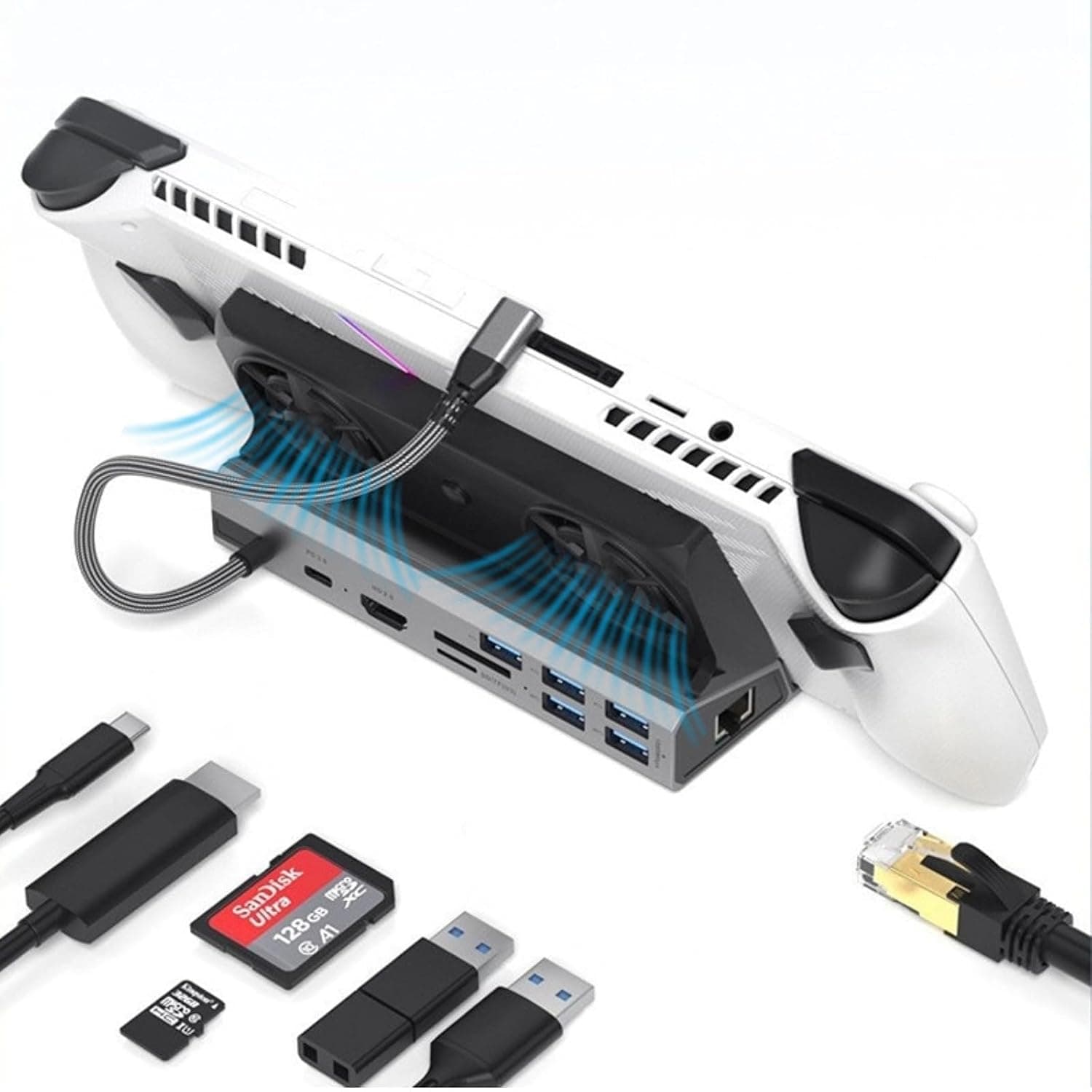 Docking Station for Steam Deck for Rog Ally, 10 in 1 Dock with Dual Cooling Fan, 2 X USB3.0, 3 X USB2.0, HDMI 4K At 60Hz, RJ45, Storage Card, Memory Card, 100W PD Port