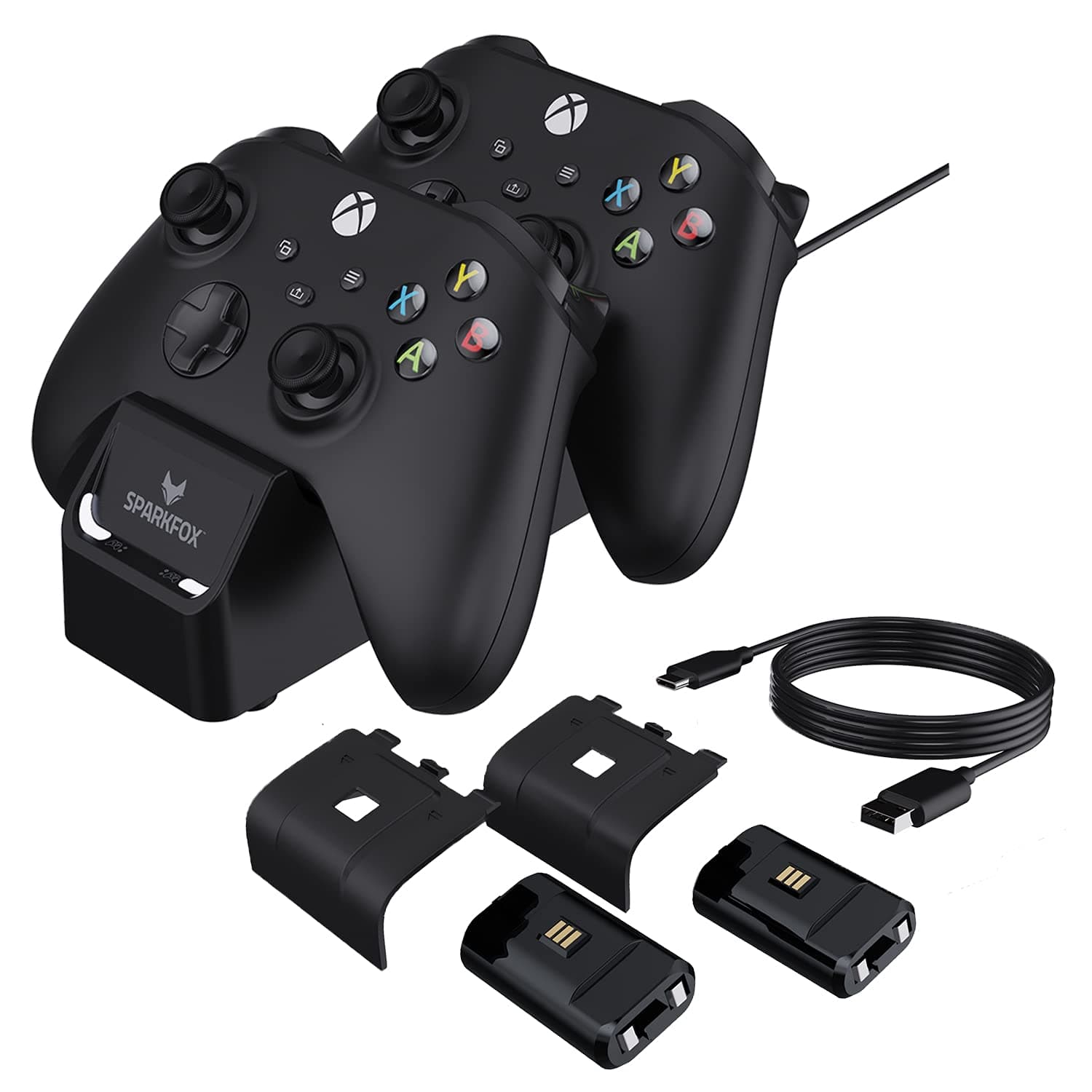 Dual Controller Charging Dock Charge Station with 2 x High Capacity Rechargeable 1100mAh Battery Packs and Battery Doors for Xbox Series X/S Controllers LED Charge Status USB Powered Black