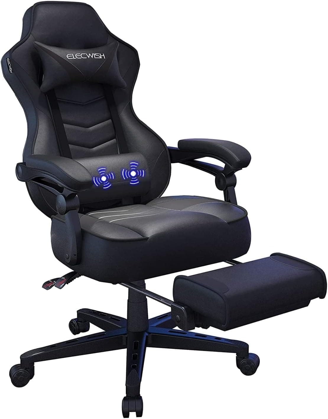 Fullwatt Racing Gaming Chair with Footrest & Massage Lumbar, PU Chair | Swivel Height Adjustable Reclining Ergonomic Recliner, Big and Tall E-Sports Computer Desk Chair for Adults, Video Game,Black