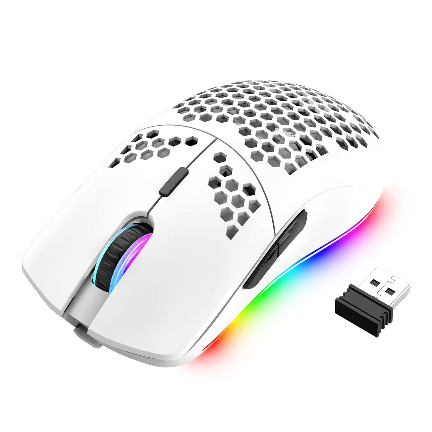RGB Wireless Lightweight Gaming Mouse with Ergonomic Honeycomb Shell-White | 11 Chroma RGB Backlit,2.4G Wireless Rechargeable,3200 DPI,7 Button USB Gaming Mice,for PC Gamers, Xbox and PS4 Users