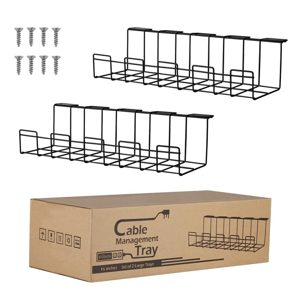 2 Packs Cable Management Tray, 40cm Under Desk Cord Organizer for Wire Management, Metal Wire Cable Holder for Desks, Offices, and Kitchens (Black) | Cord Organizer, Metal Wire Cable Holder, For Desks, Offices, and Kitchens, Wire Management