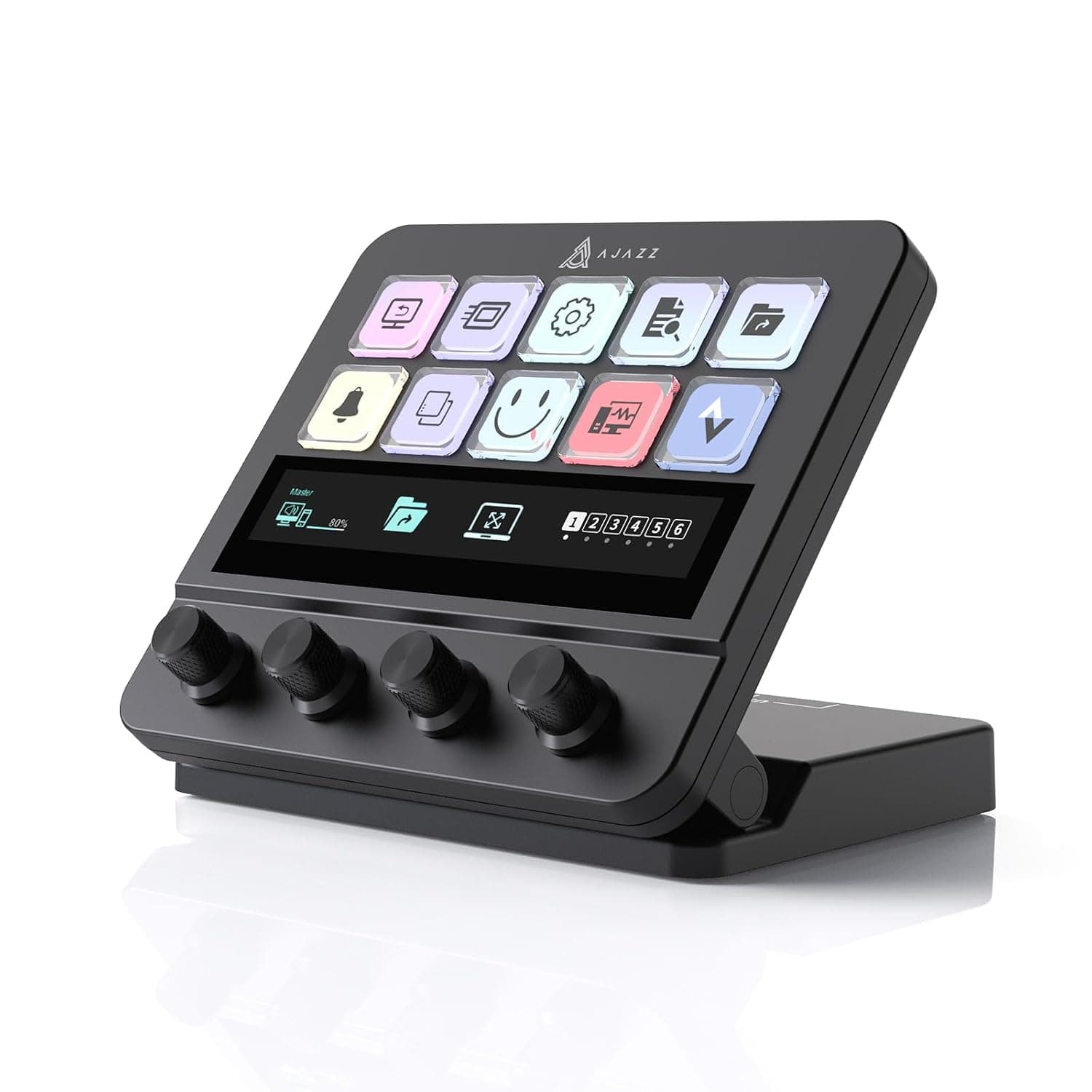 AJAZZ AKP05E Wired Macro Keypad Stream Controller Deck, Gaming Shortcut Keyboard with 10 Programmable Keys and 4 Knobs, Customizable Touchscreen, for YouTube, Desk Office Setup, Laptop, PC, Black