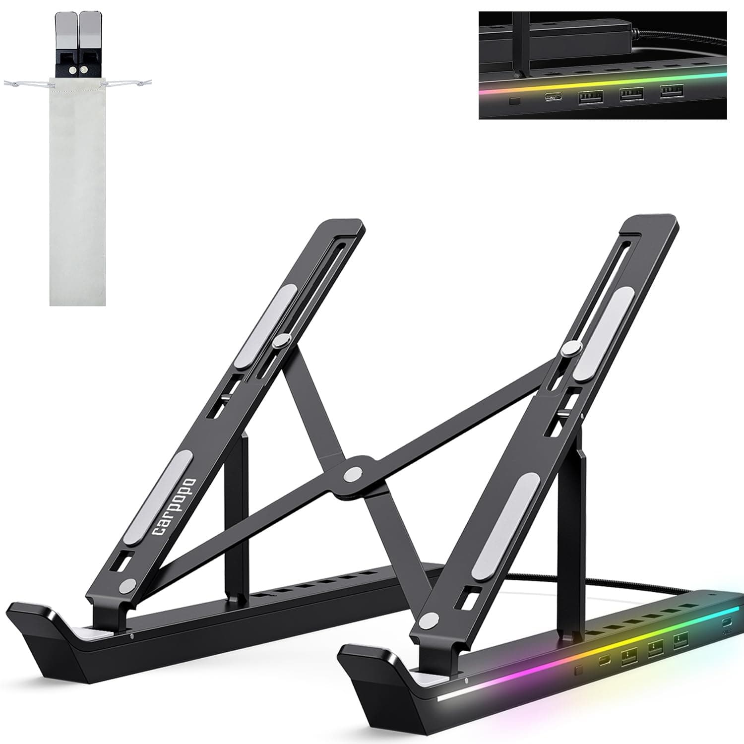 Adjustable Laptop Stand with RGB LED Lights, 2024 Upgraded Riser for Desk ABS Silicone Foldable Portable Laptop Holder, Ventilated Cooling Stand for MacBook Pro Air, Lenovo, Dell, HP 10-15.6” Laptops