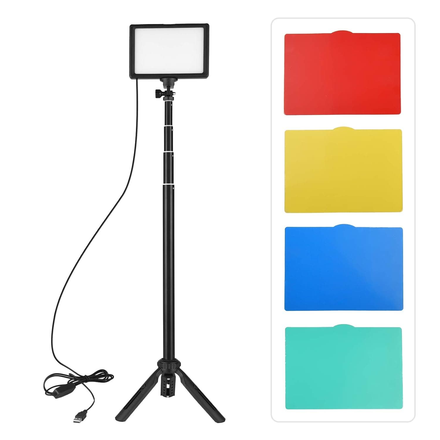 Camnoon USB LED Video Light Kit Photography Lighting 3200K-5600K 120pcs Beads with 58in Tripod Stand 5pcs White/Red/Yellow/Green/Blue Filters for Video Live Streaming