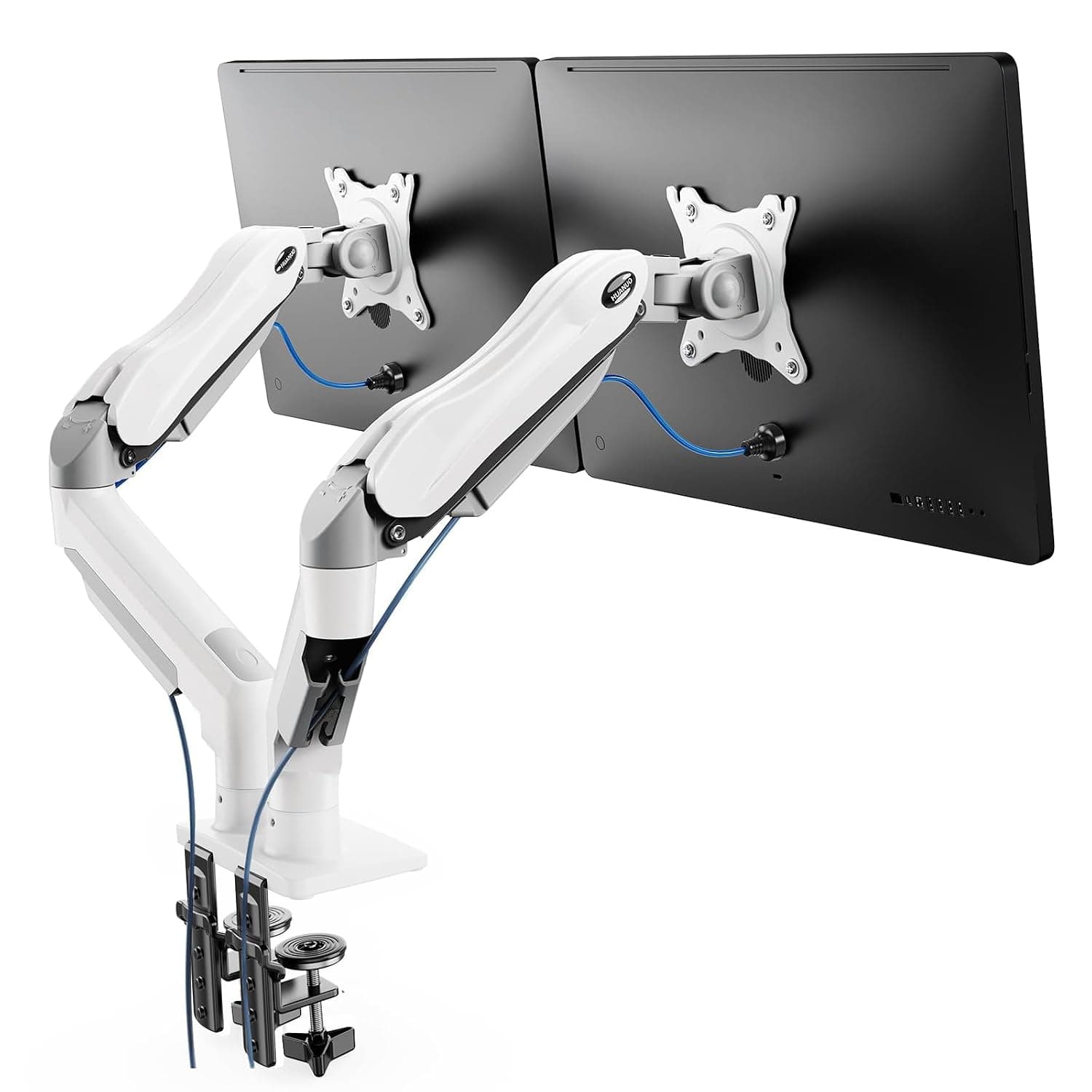 HUANUO White Dual Monitor Arm Desk Mount for 13 to 32 Inch Screens, Dual Monito Stand for Curved Flat Screens, Double Gaming Monito Arm VESA Mount 75 & 100 mm