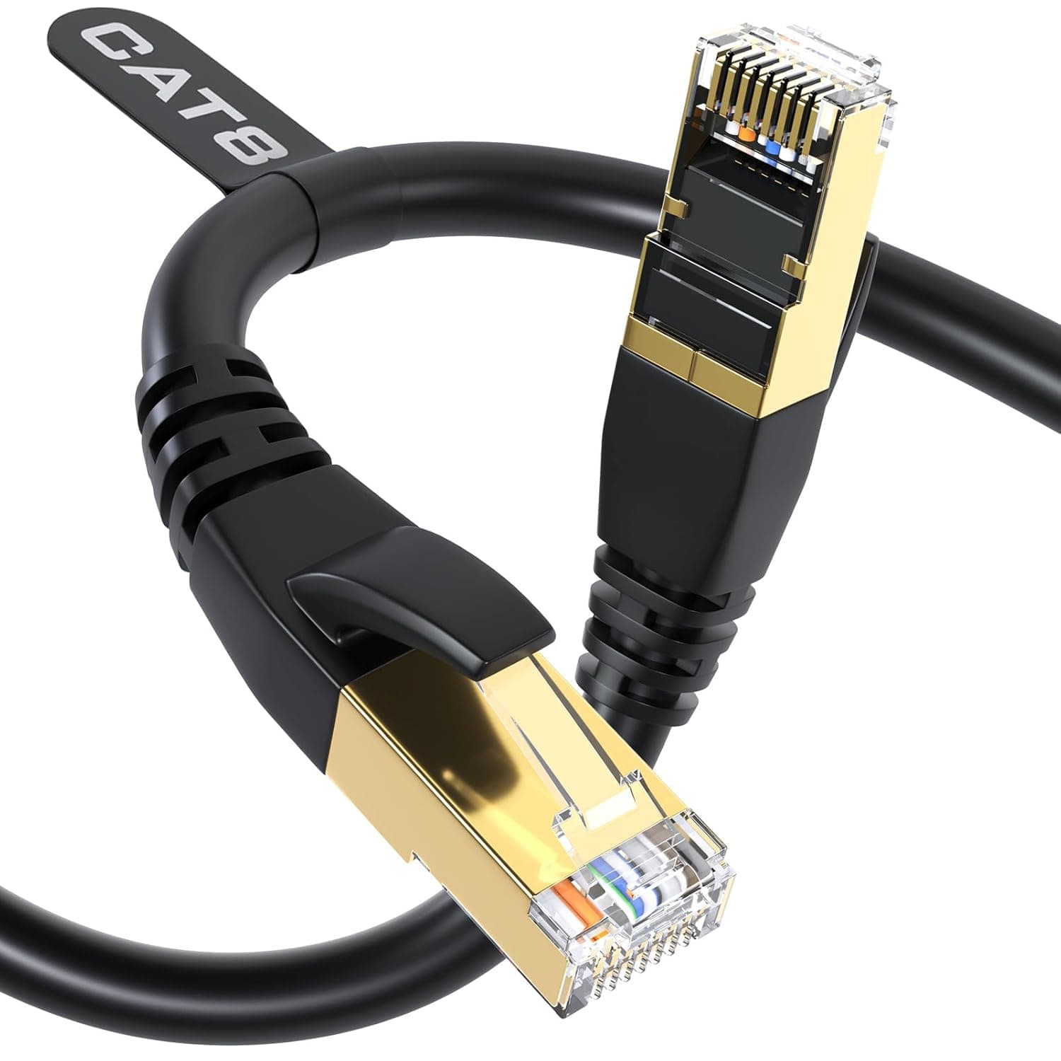 DbillionDa Cat8 Ethernet Cable, 1.8M Heavy Duty High Speed 26AWG Cat8 LAN Network Cable 40Gbps, 2000Mhz with Gold Plated RJ45 Connector, Weatherproof S/FTP UV Resistant for Router, BLACK, Cat8-6ft