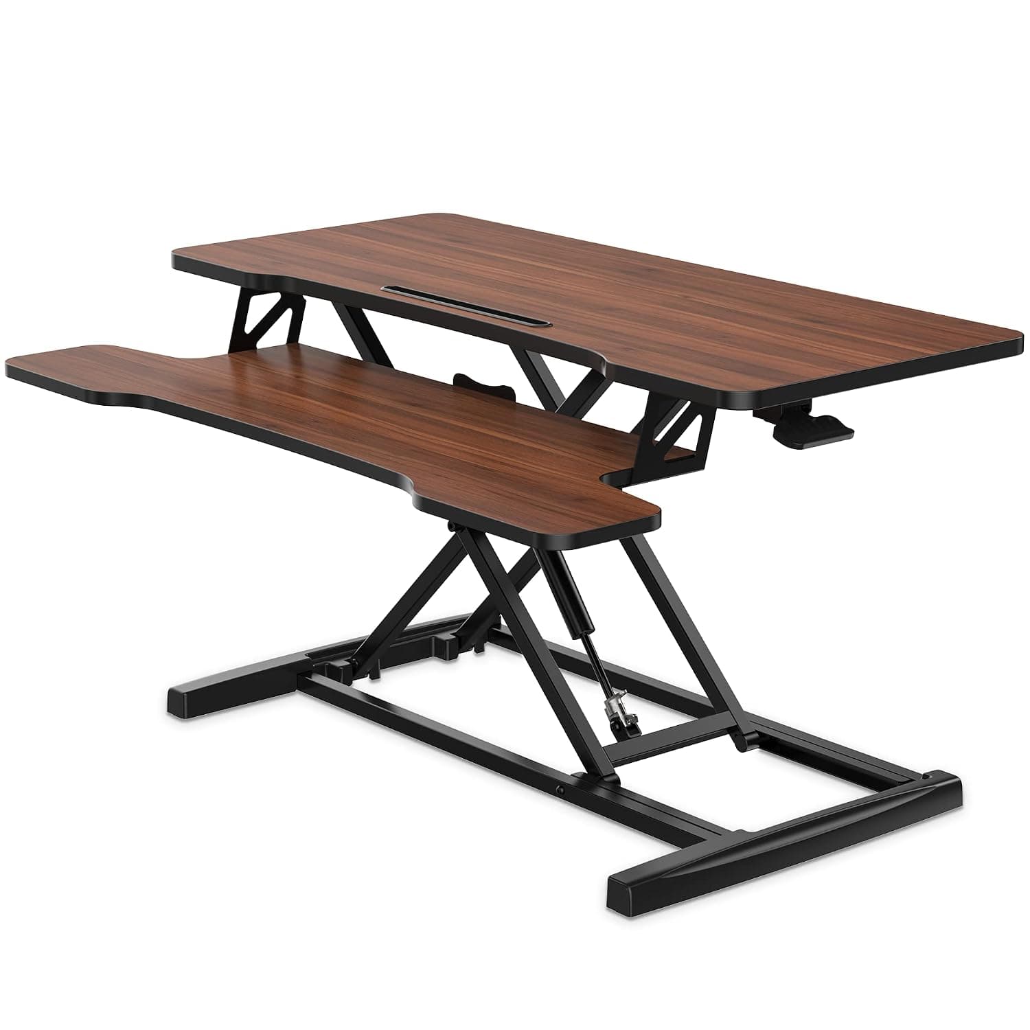 FITUEYES Standing Desk Converter 91.5x40 cm Height Adjustable Sit Stand Desk with Large Keyboard Tray and Phone Holder for Computer Laptop Dual Monitors Riser,Brown