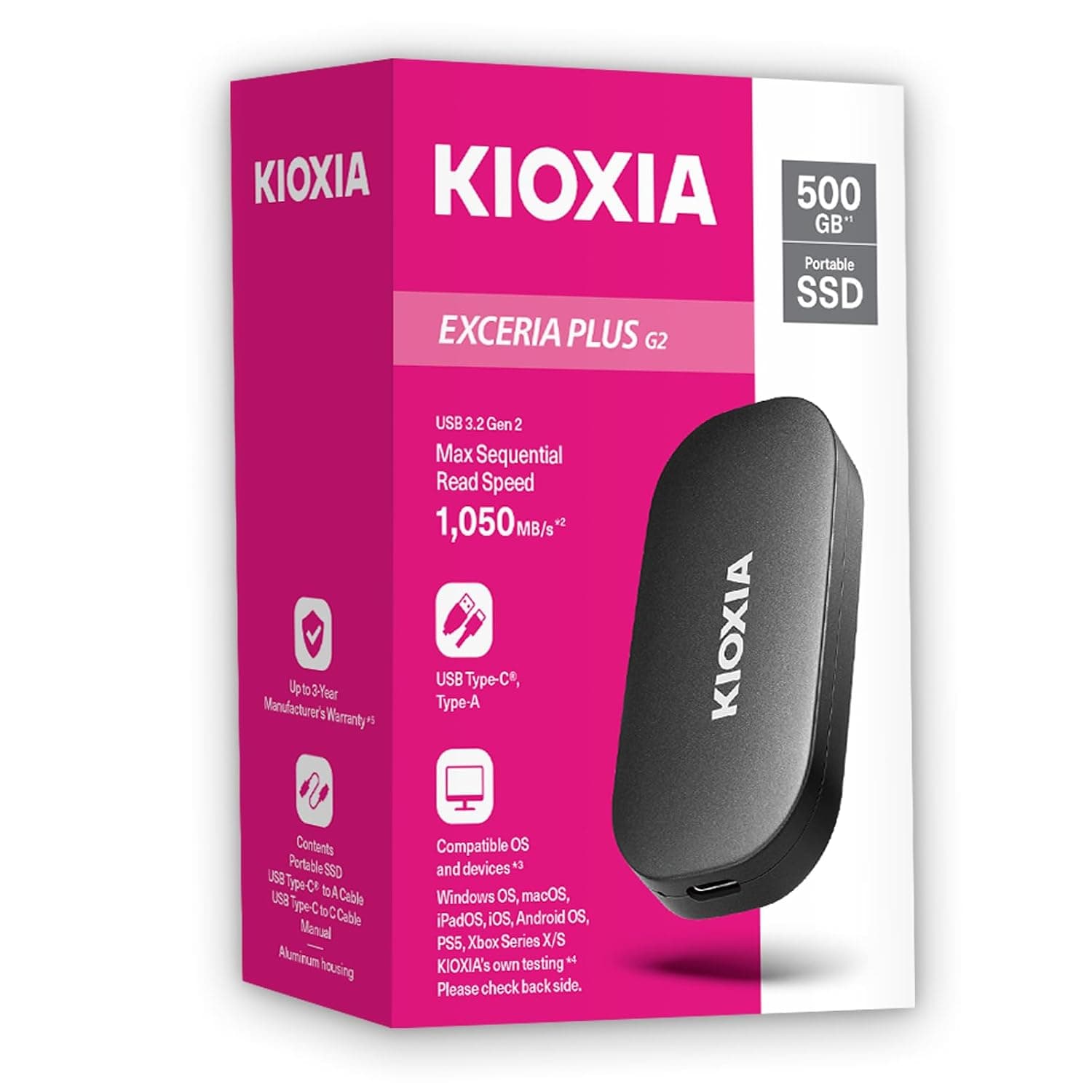 KIOXIA EXCERIA PLUS G2 Portable SSD – 1TB External Drive, USB 3.2 Gen 2, up to 1050MB/s Read & 1000MB/s Write – Compatible with Windows, macOS, iOS, Android, PS5, Xbox Series X/S | Up to 1050/1000 MB/s Read/Write, External Drive compatible with Windows, macOS, iOS, Android, PS5, Xbox Series X/S