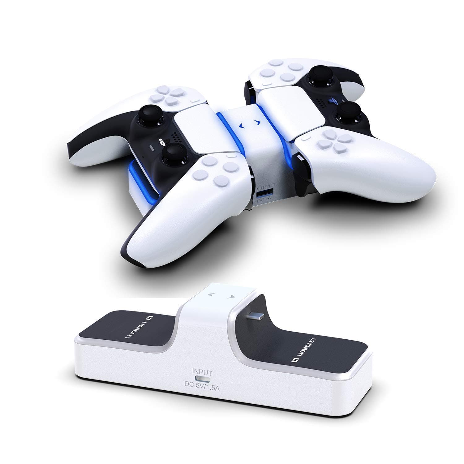 Lioncast PS5 Controller Charger - Dual Charging Dock Compatible with Sony PlayStation 5 Console Wireless DualSense Controllers - Red and Blue LED Lights, Extra USB Charge Port for Game Accessories