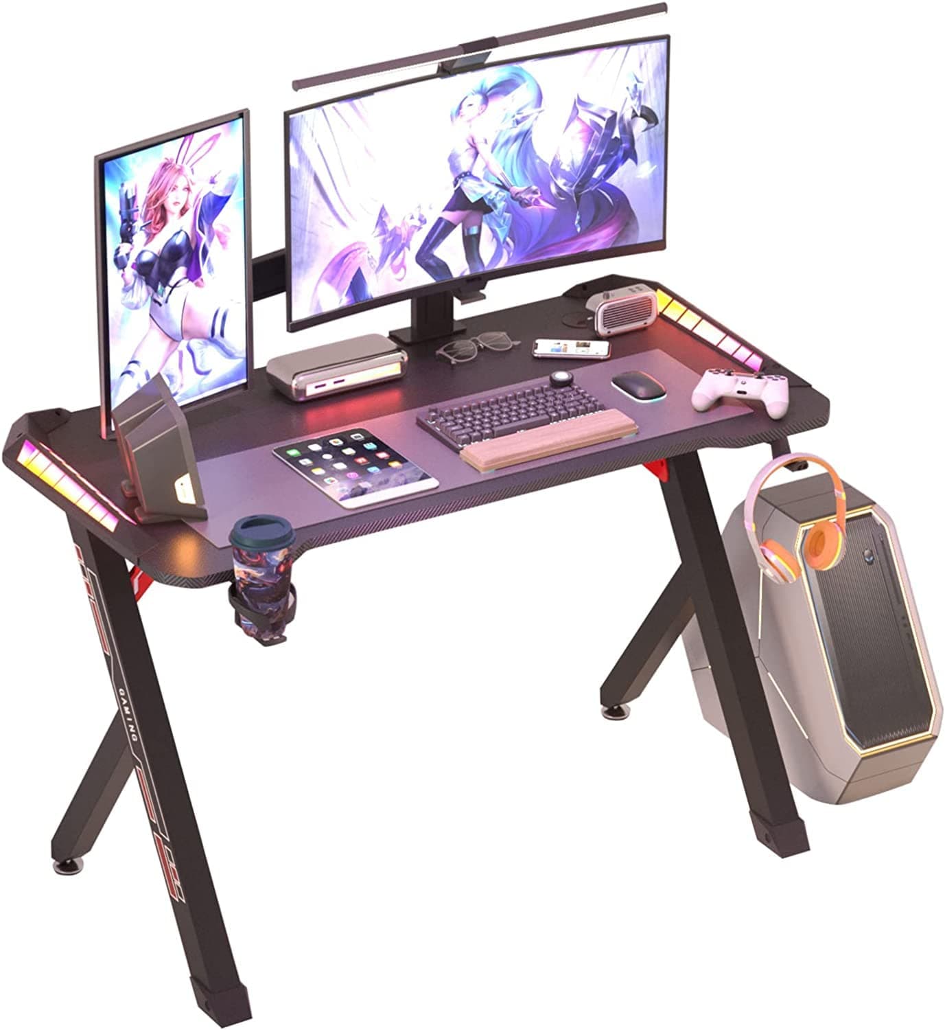 FATIVO Computer Gaming Desk RGB LED Christmas Teenager Gift : Ergonomic Larger Game Table Hold 2 Monitors 140cm Length Black Carbon Fiber Desktop Gamer Desks with Light and Headphone Hook Cup Holder