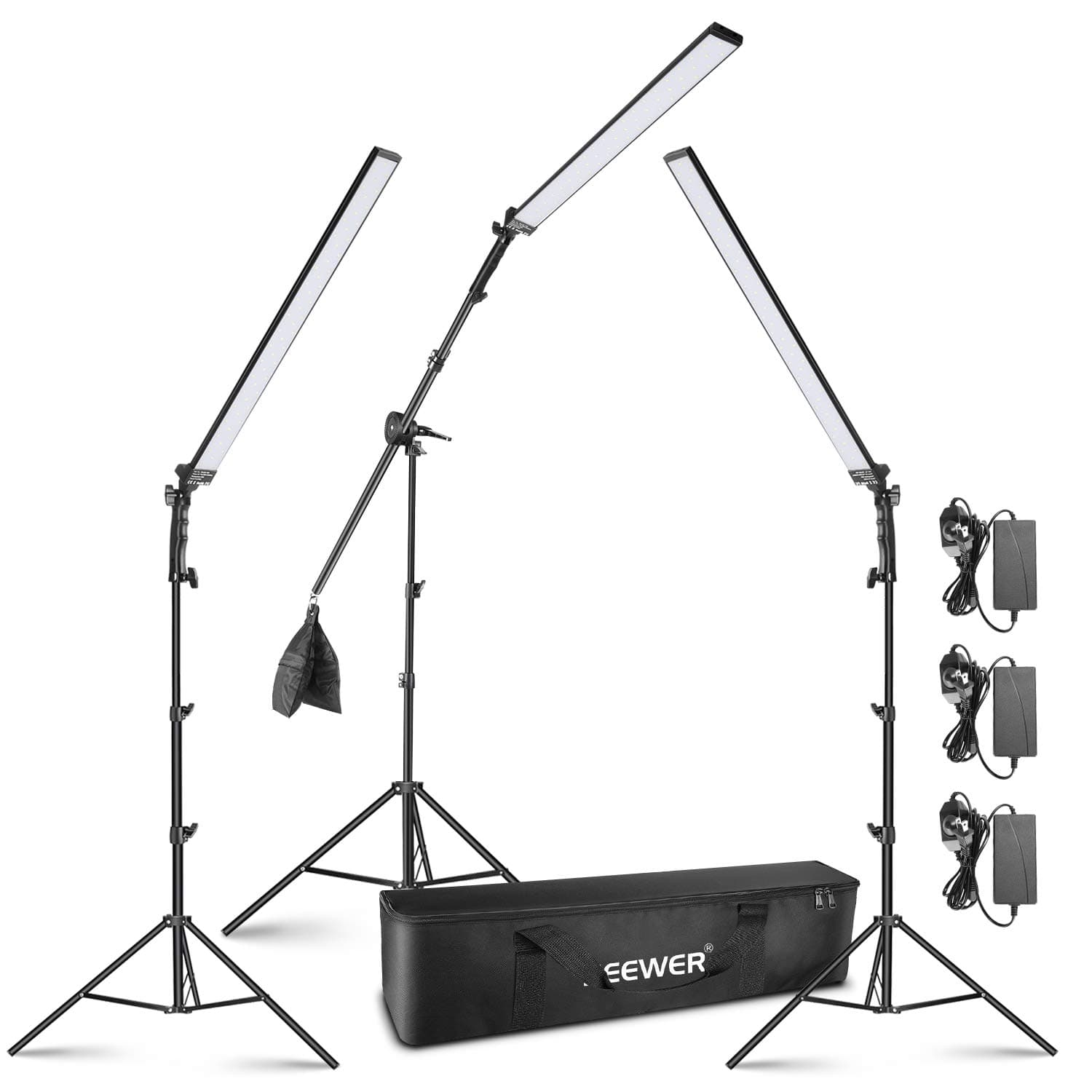 NEEWER 3-Pack LED Video Lighting Kit: LED Light 5500K with Adjustable Brightness, 2.24 Meters Light Stand, Boom Arm, Empty Sandbag and Carrying Bag for Photo Studio Video Photography