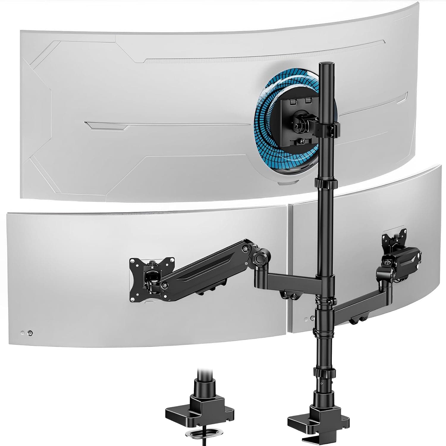 Triple Monitor Mount-1 Fixed 49" and 2 Pneumatic Arms 35" Up to 44 lbs | Full Motion 3 Monitor Desk Mount with 80cm Pole/Cable Management,VESA 75/100mm