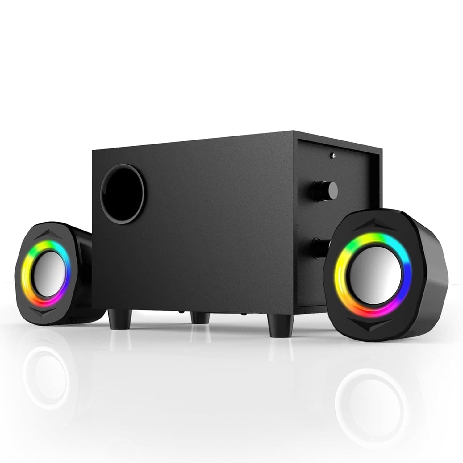 WMQ 2.1 PC Speakers with Subwoofer, Desktop Computer Speakers Gaming, Speakers for Monitor, Stereo Speaker Set, 3.5mm Aux, USB Powered, Volume Control, LED Lights, Black