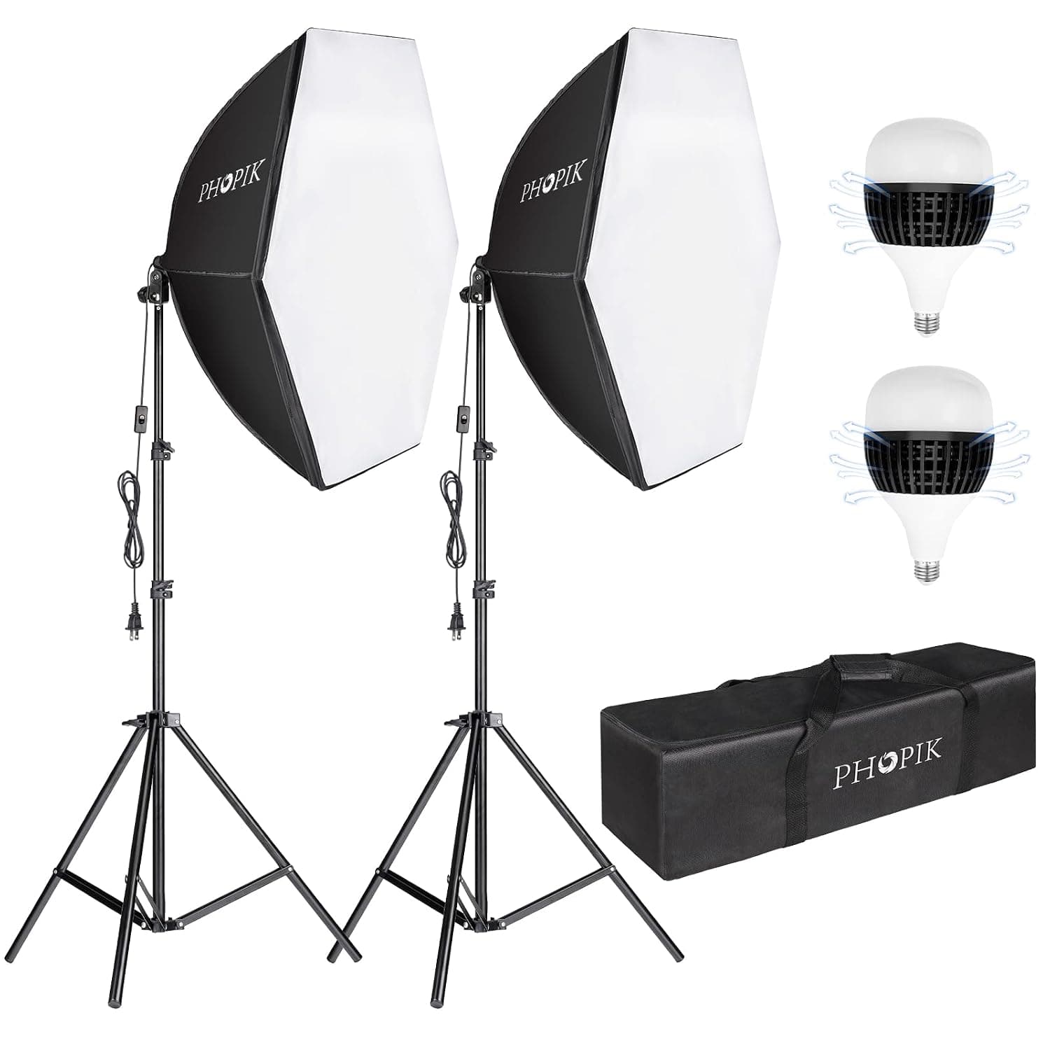 PHOPIK Softbox Photography Lighting Kit: Photo Studio Equipment 30 x 30 inches with E27 85W 5400K Light Bulb and Adjustable Height Light Stand for Filming Video, Photo Shooting and Streaming