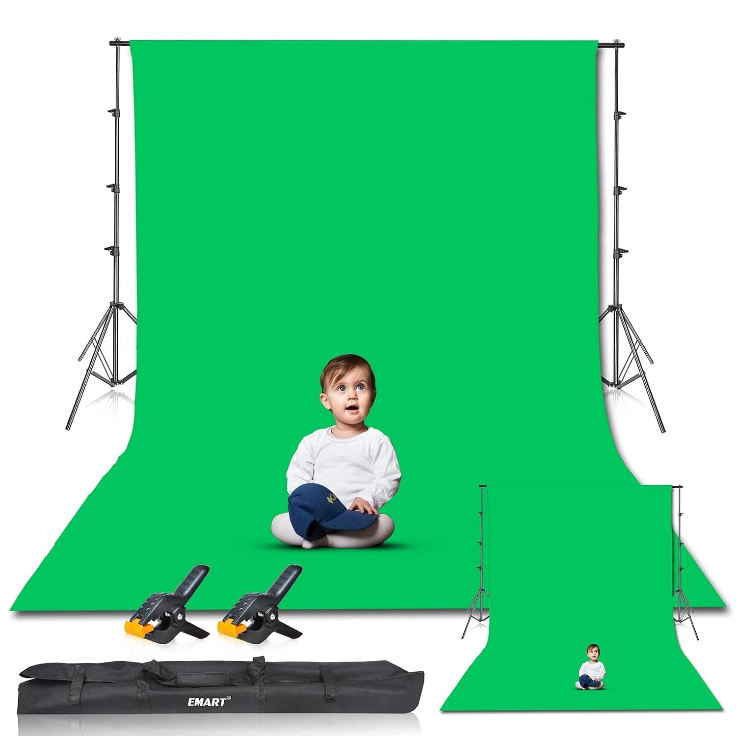 EMART Green Screen Background with Stand, 2.6x3m Backdrop Stand Kit | 3x3.6m Greenscreen Backdrop for Photography，Background Support Kit with Carry Bag, for Portrait Video Shooting, Photo, Studio