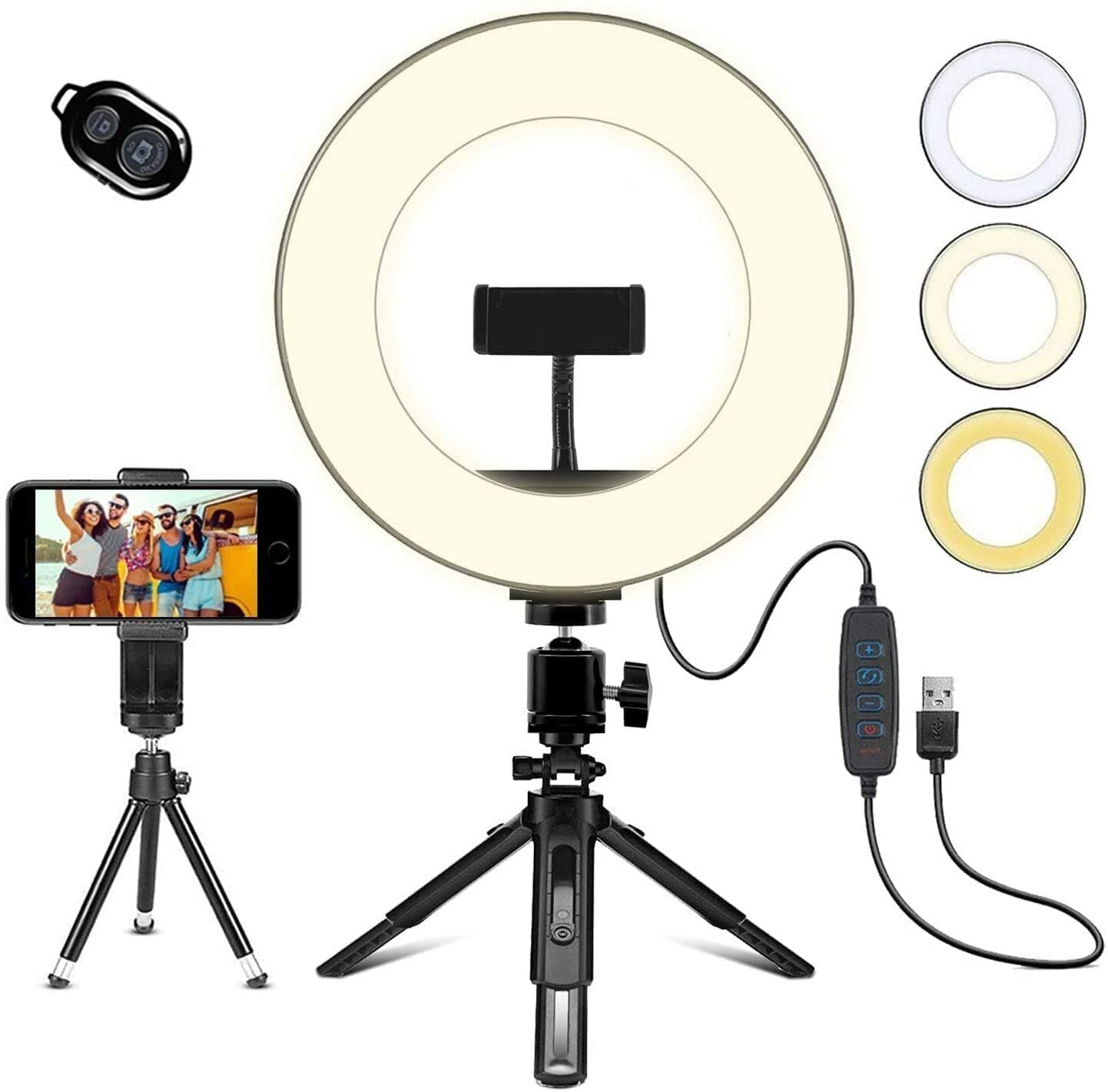 8" LED Selfie Live Streaming Ring Light with Tripod Stand, 800 lumen Desk Makeup Light with Cell Phone Holder USB Circle Light for YouTube Video Photography