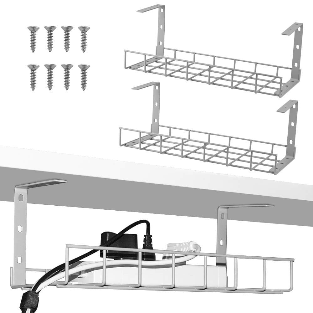 2 Packs Cable Management Tray, Under Desk Cord Organizer for Wire Management, Thick Metal Wire Cable Mesh Holder for Desks, Offices, and Kitchens (Gray)