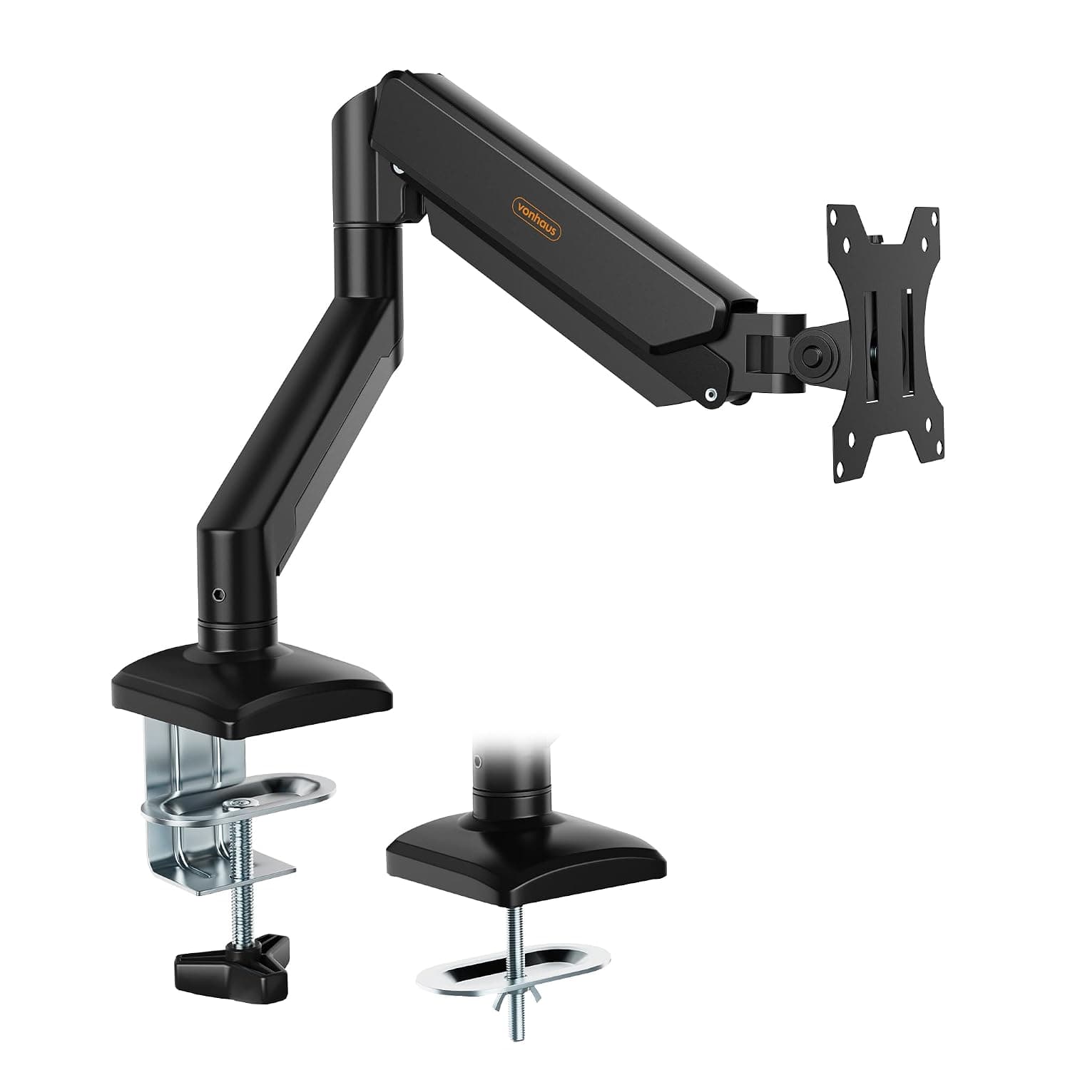 VonHaus Single Monitor Arm Desk Mount for 10 to 32 Inch Screens, Height Adjustable Gas Spring Monitor Clamp with Tilt, Swivel & Rotate, VESA 75 & 100mm