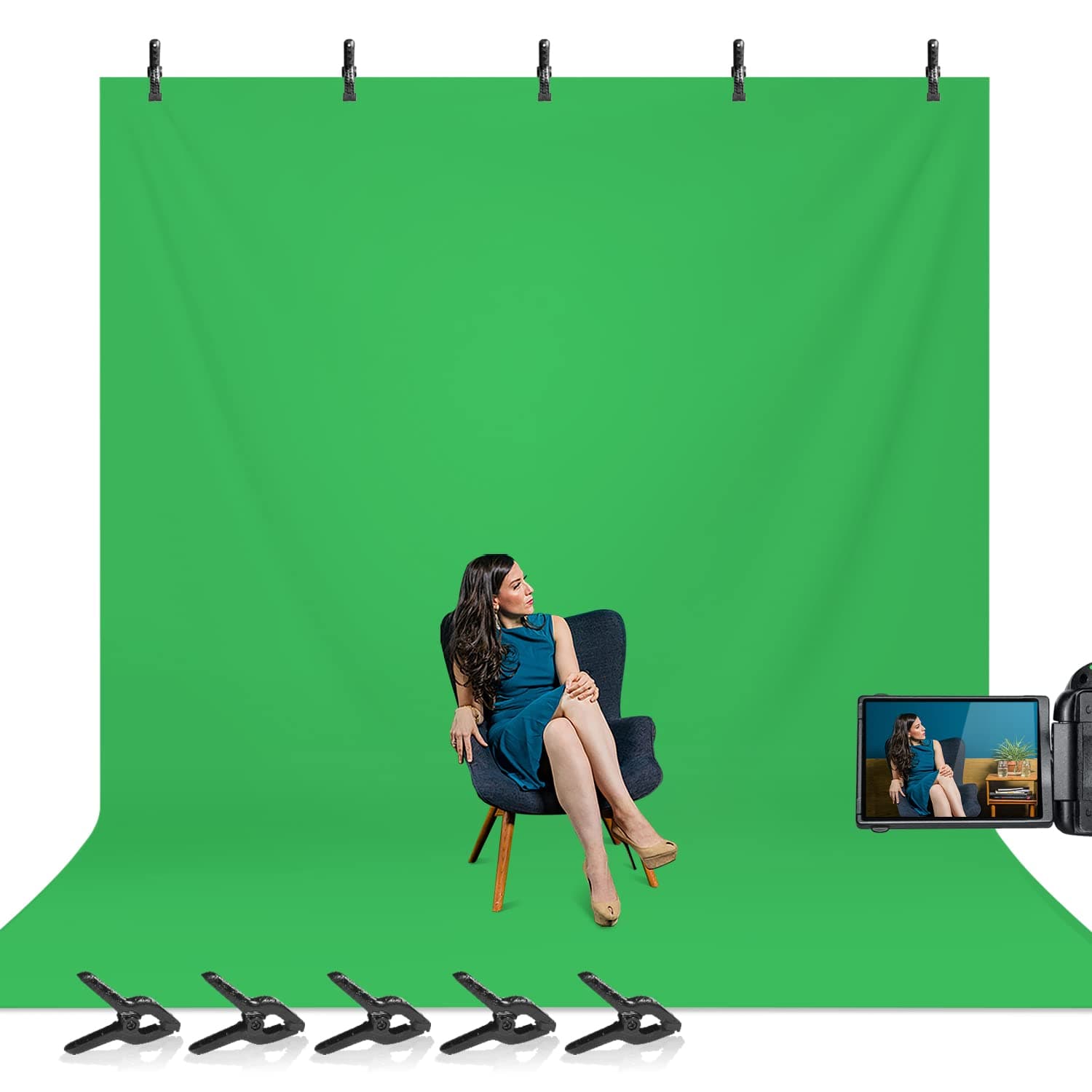 LimoStudio 10 x 12 ft. Green Backdrop, Seamless Green Screen Chromakey, Photography Background, 5 x Spring Clamps Background Holders for Photo Video Studio, AGG3143