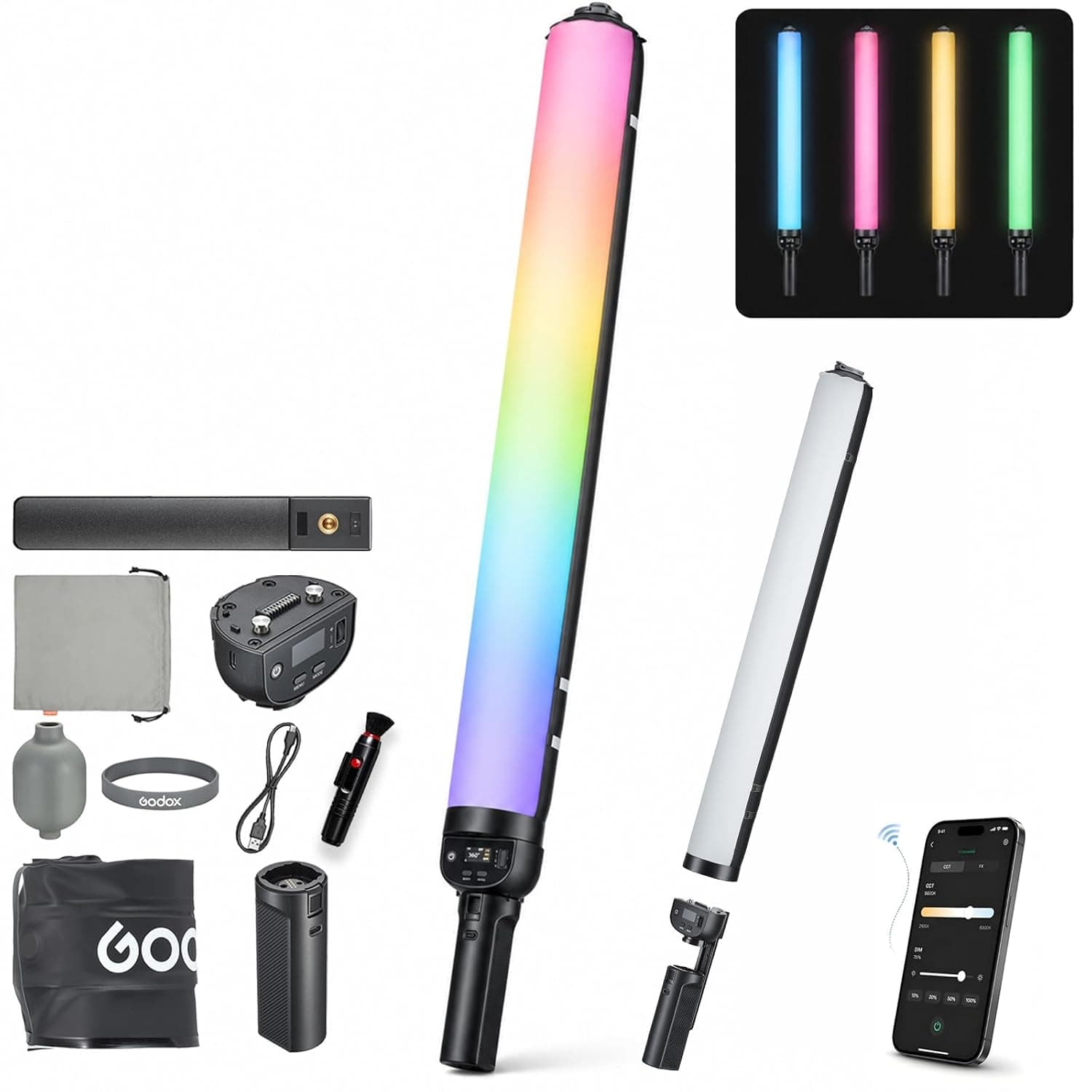 Godox LC500R Air RGB LED Video Light, 600mm RGB Light Stick, 2630 Lux @0.5m, 2800K-10000K, CRI 96/TLCI 98, 14 FX, Battery Grip 94min, USB-C & Bluetooth App for Vlog, Livestream