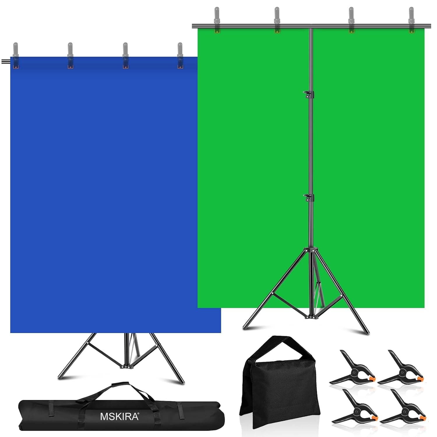 MSKIRA 2-in-1 Blue Green Screen Backdrop with Adjustable T Stand 6.5ft | Reversible Polyester-Cotton Chroma Key Screen For Streaming Photography Zoom Youtube. Washable. 4 Clamps, Sandbag & Carry Bag