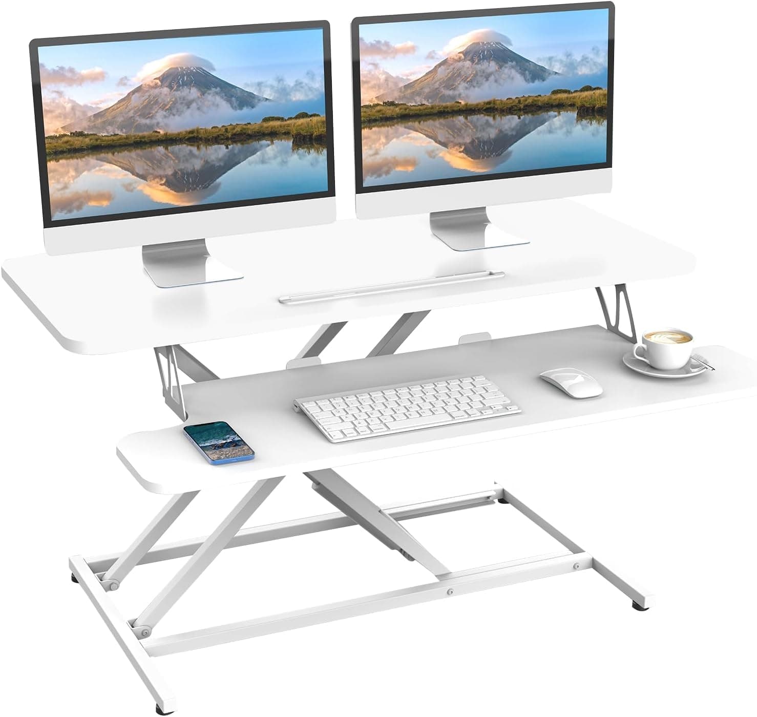 ERGOMAKER Standing Desk Converter, 36"/91cm, White | Height Adjustable 12.5-52cm, Support 15KG, Quick Sit to Stand Up Desk Riser for Dual Monitor, for Home Office