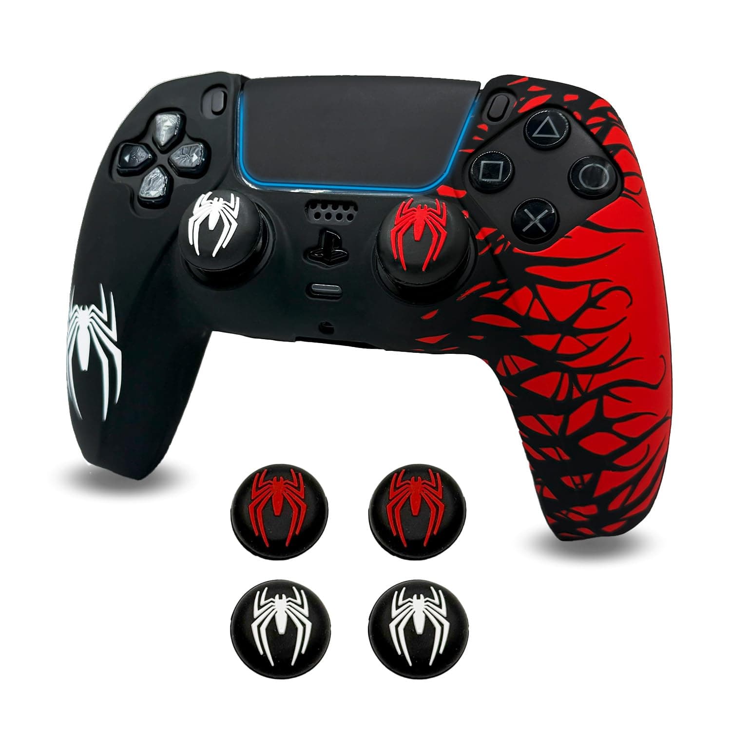 ElitePlay Black and Red Spider Anti-Slip Silicone Cover Skin for PS5 Controller, Soft Rubber Case for PS5 Wireless Controller With 2 Sets Thumb Grips