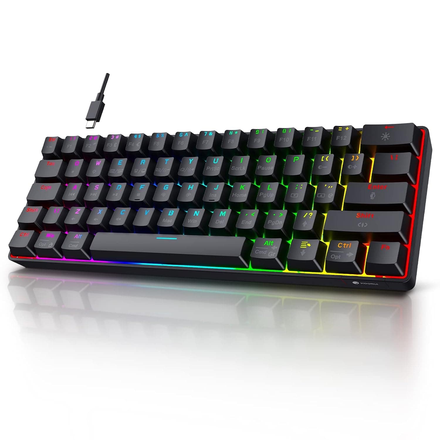 KOORUI 60% Mechanical Gaming Keyboard, 61-Key UK Layout, Red Switch | 60% Compact layout, Detachable switch, Multimedia buttons, RGB lighting effects, Single-mode USB connection.