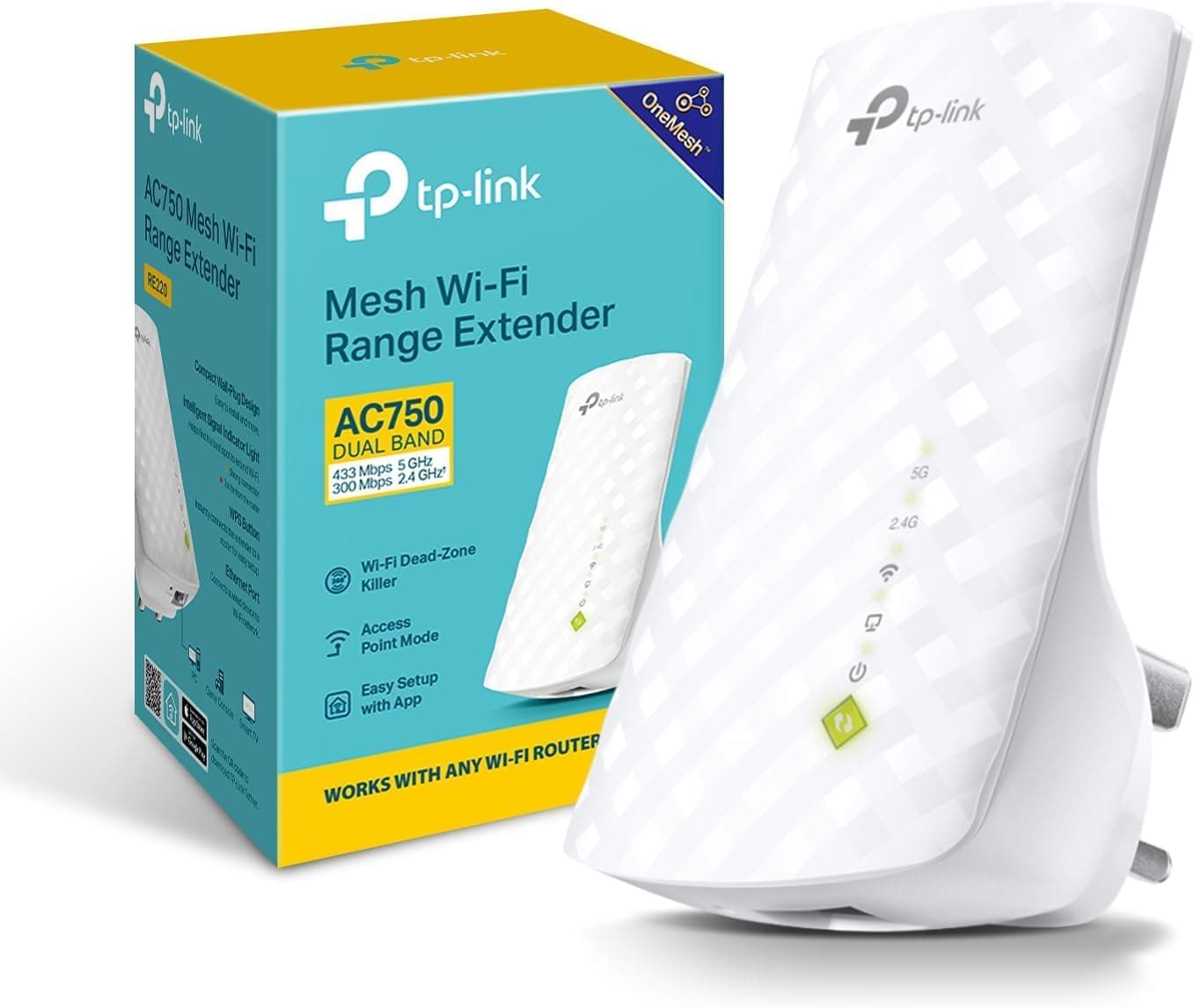 TP-Link RE220 AC750 WiFi Extender Booster WiFi Booster | Ethernet Port, Access Point, Dual Band, Works with Any WiFi Router, App Control Easy Setup, Smart Signal Indicator, UK Plug