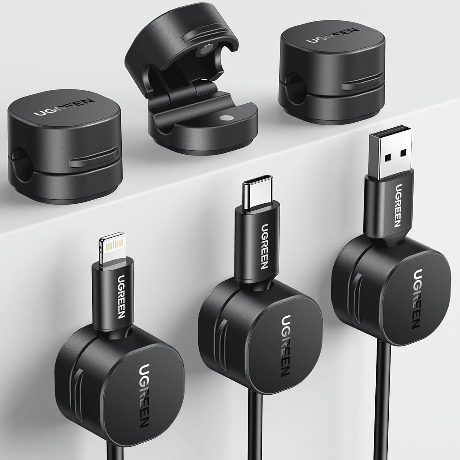 UGREEN 6 Pack Magnetic Cable Tidy Clips, Cable Management Holder | Self-Adhesive Cord Organiser, Desk Organiser Accessories Compatible with USB HDMI Charging Audio cables up to 7.5mm Black