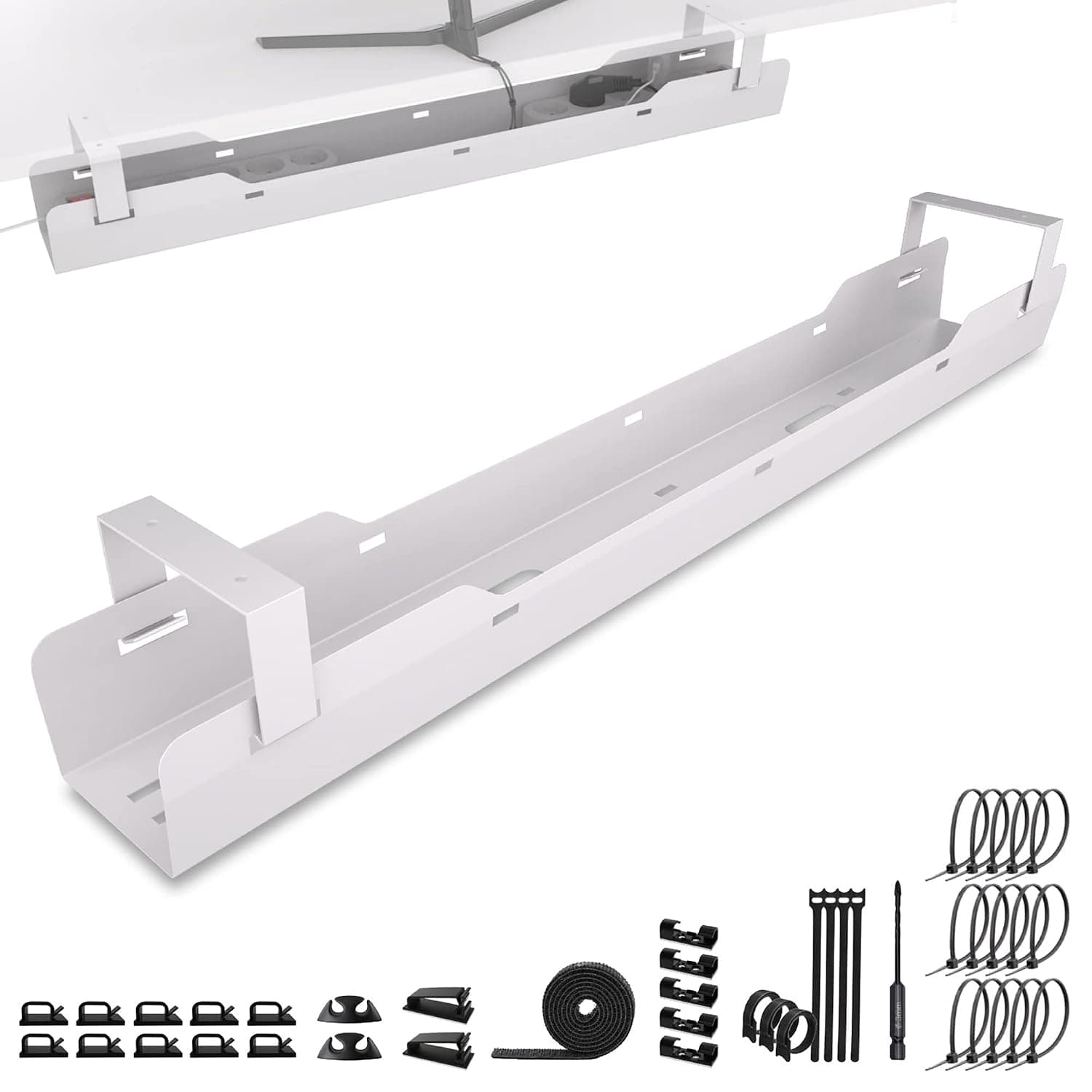 Under desk cable tray – Cable management, 15 kg load capacity, White | Opens from both sides · Lots of space for cables and extension leads · Easy access · Desk cable tidy · Cable organiser