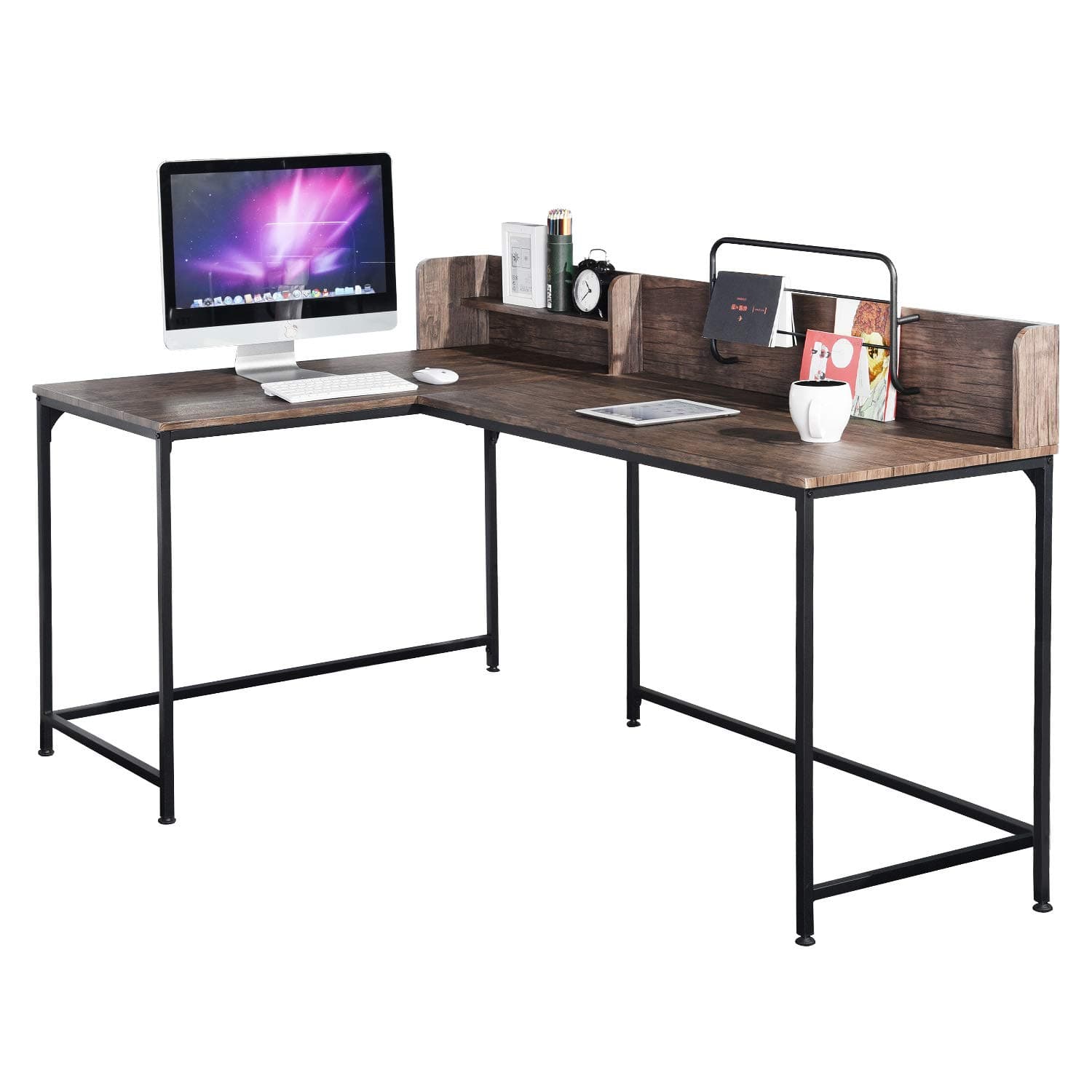 GreenForest L Shaped Corner Desk, Industrial Style Large Desktop Computer Gaming Desk for Home Office, Walnut