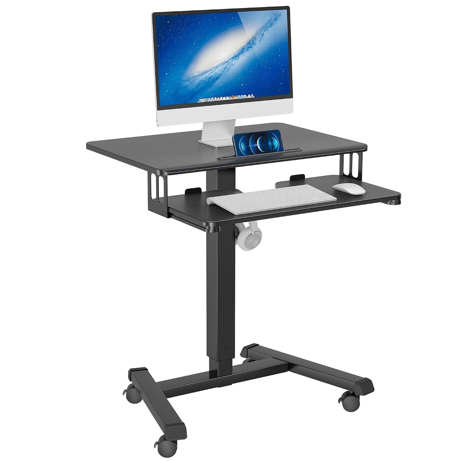 BONTEC 65 x 45 cm Two-Tier Mobile Computer Workstation, Height Adjustable | Four rolling castors, portable side table, separate upper and lower platforms, for home offices, living rooms and bedrooms