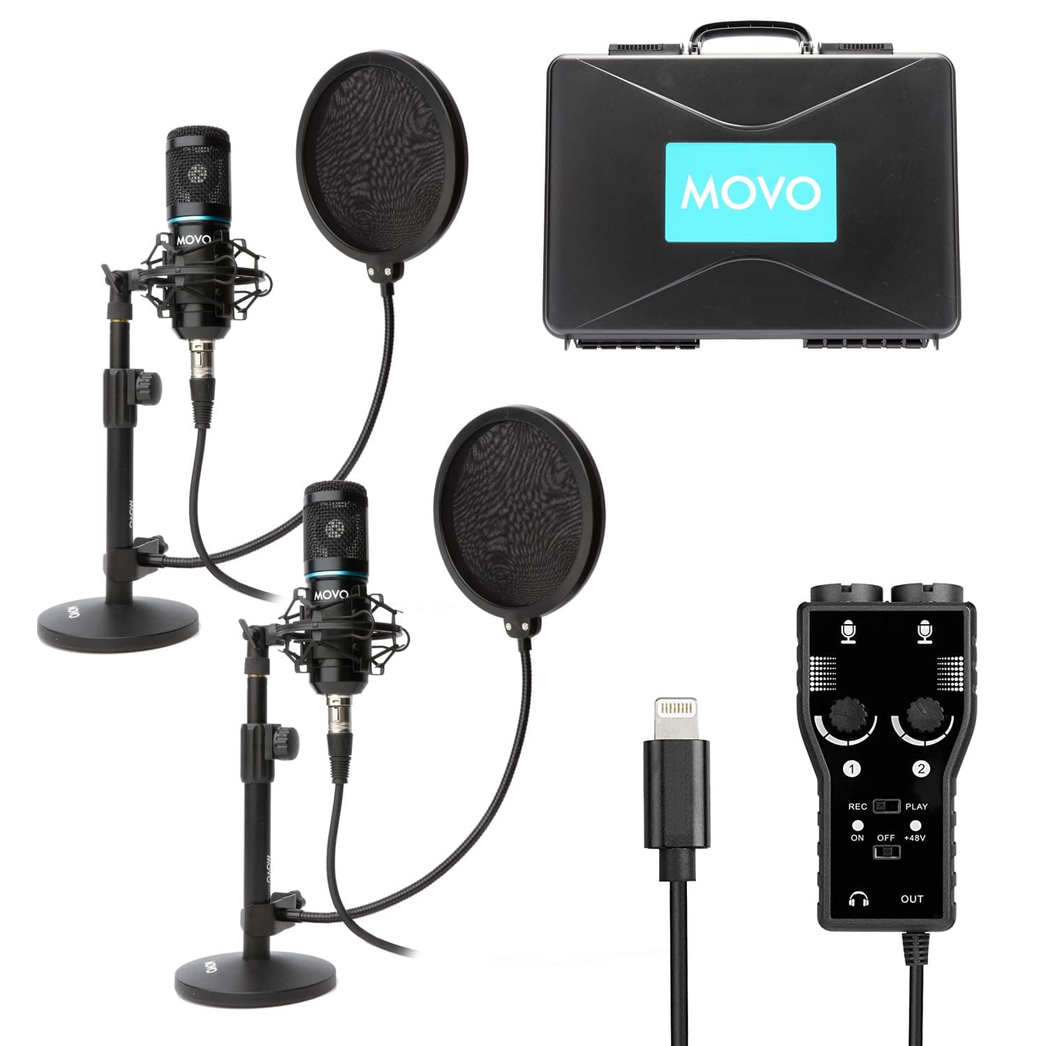 Movo Smartphone Podcast Recording Microphone Kit - 2 Pack Condenser Microphones, 2 Desktop Mic Stands, 2 Pop Filters, 2-Channel XLR Interface with Lightning Output - Compatible with iPhone, iPad, iOS