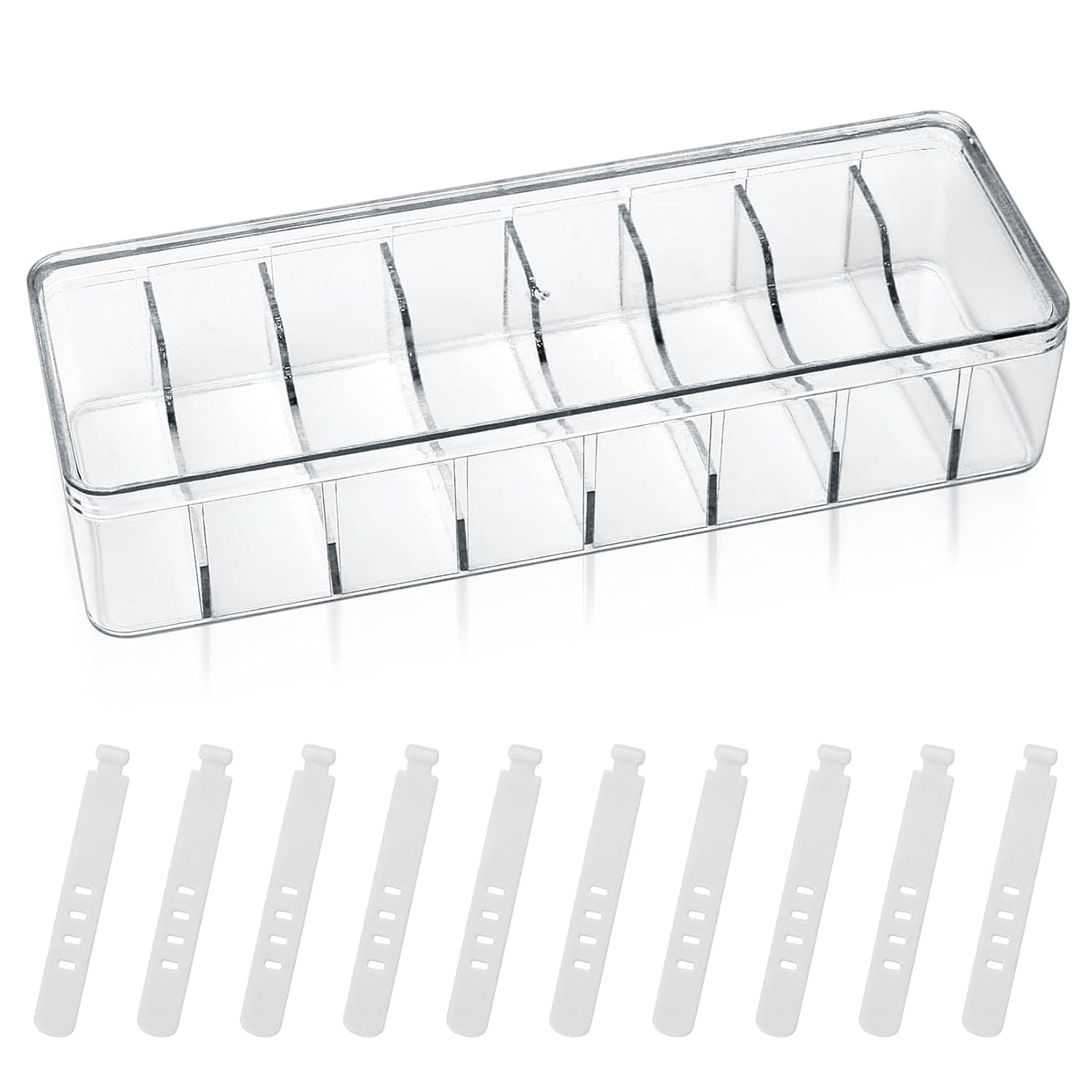 Data Cable Storage Box, Cable Management Box, Plastic Transparent Charging Cable Organizer Box with Lid, Cable Tidy Box with 8 Grid for Power Cord Organizer Cable Wire Organiser with 10 Wire Ties