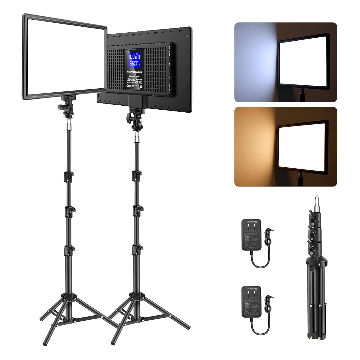 NEEWER BASICS 13 Inch LED Video Light Panel, 2 Pack Studio Lighting Set with Tripod Stands, Two-Tone Photo Key Light for Streaming Photography Podcast Recording, 2400 Lux 3200-5600K CRI97+