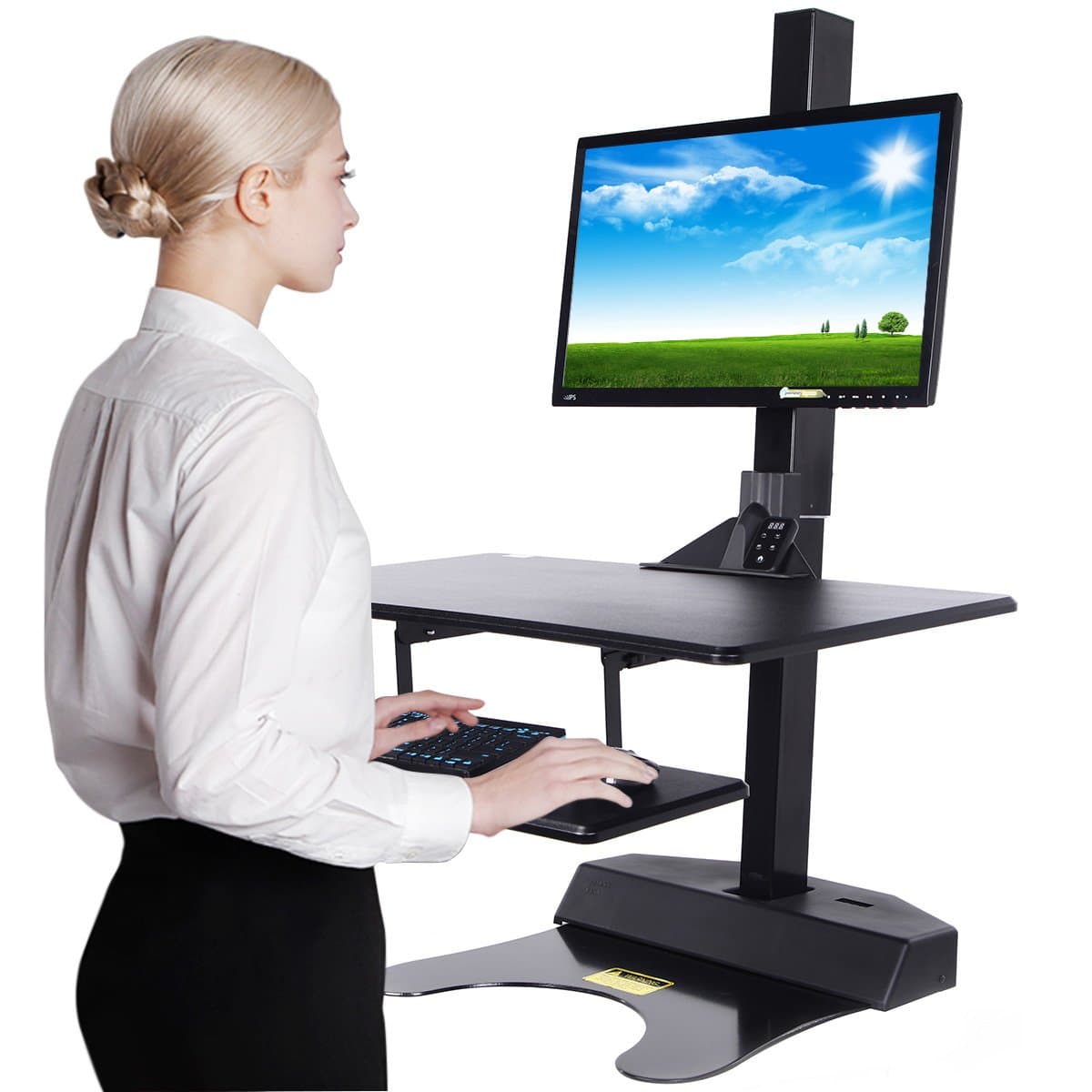 Electric Standing Desk Converter, Freemaxdesk Remote Control Motorized Height Adjustable Sit- Stand Desk Riser Converter with Monitor Vesa Mount up to 30"，Worksuface(31"x21")