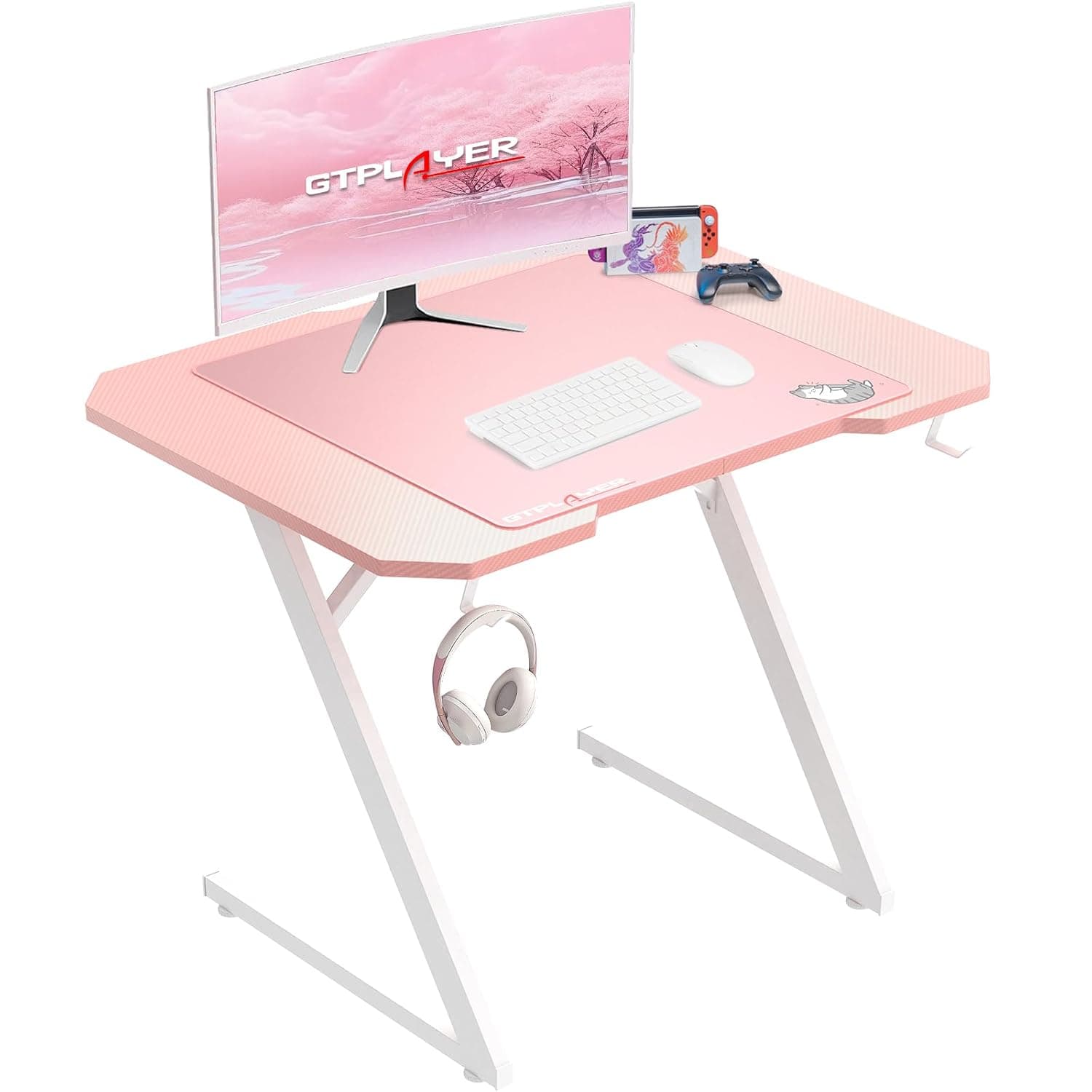 GTPLAYER Gaming Desk Computer Desk Sturdy Carbon Fiber Z Frame Large Gaming PC Table with Headphone Hooks for Home Office Bedroom (Pink, 100CM)