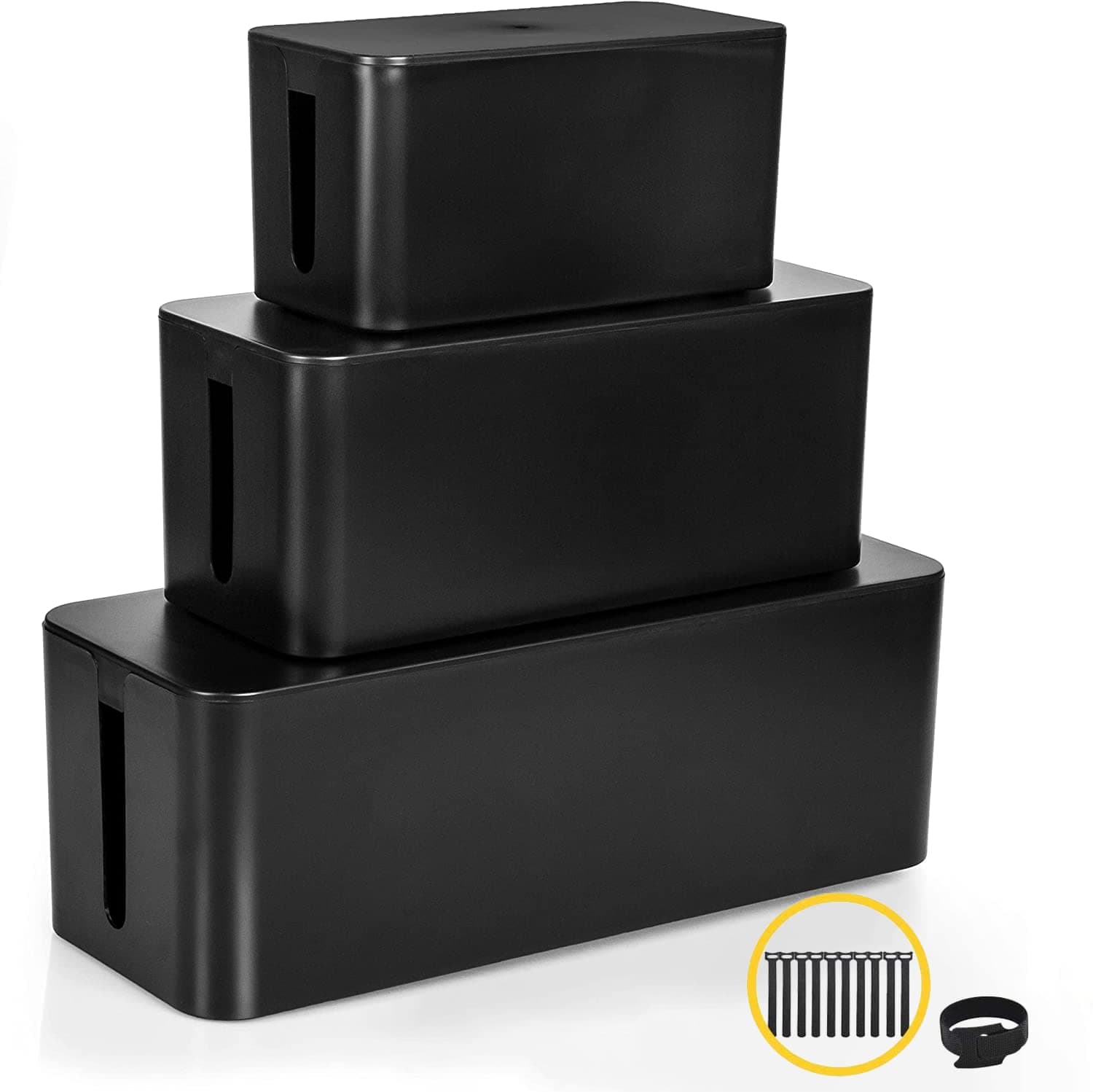 Cable Management Boxes Organizer, Wires Keeper Holder for Desk, TV, Computer, USB Hub, System to Cover and Hide & Power Strips & Cords (3 Set (L+M+S/Black))