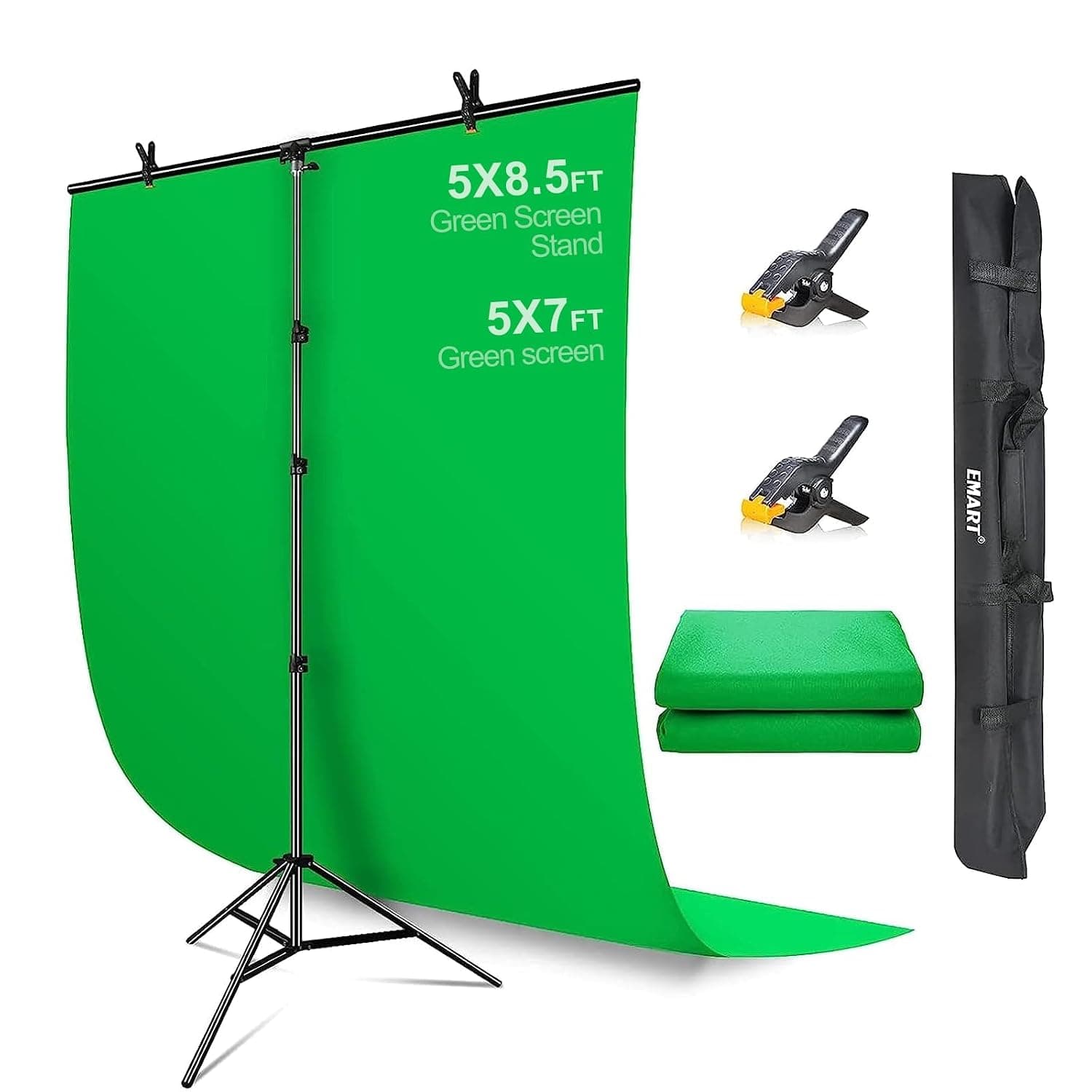 EMART Green Screen Background with Stand, 1.5x2.0m(5x7ft) Greenscreen with 1.5x 2.6m(5x 8.5ft) T-Shape Backdrop Support, Photography Studio Kit for Chroma Key, Video, Shooting, Streaming